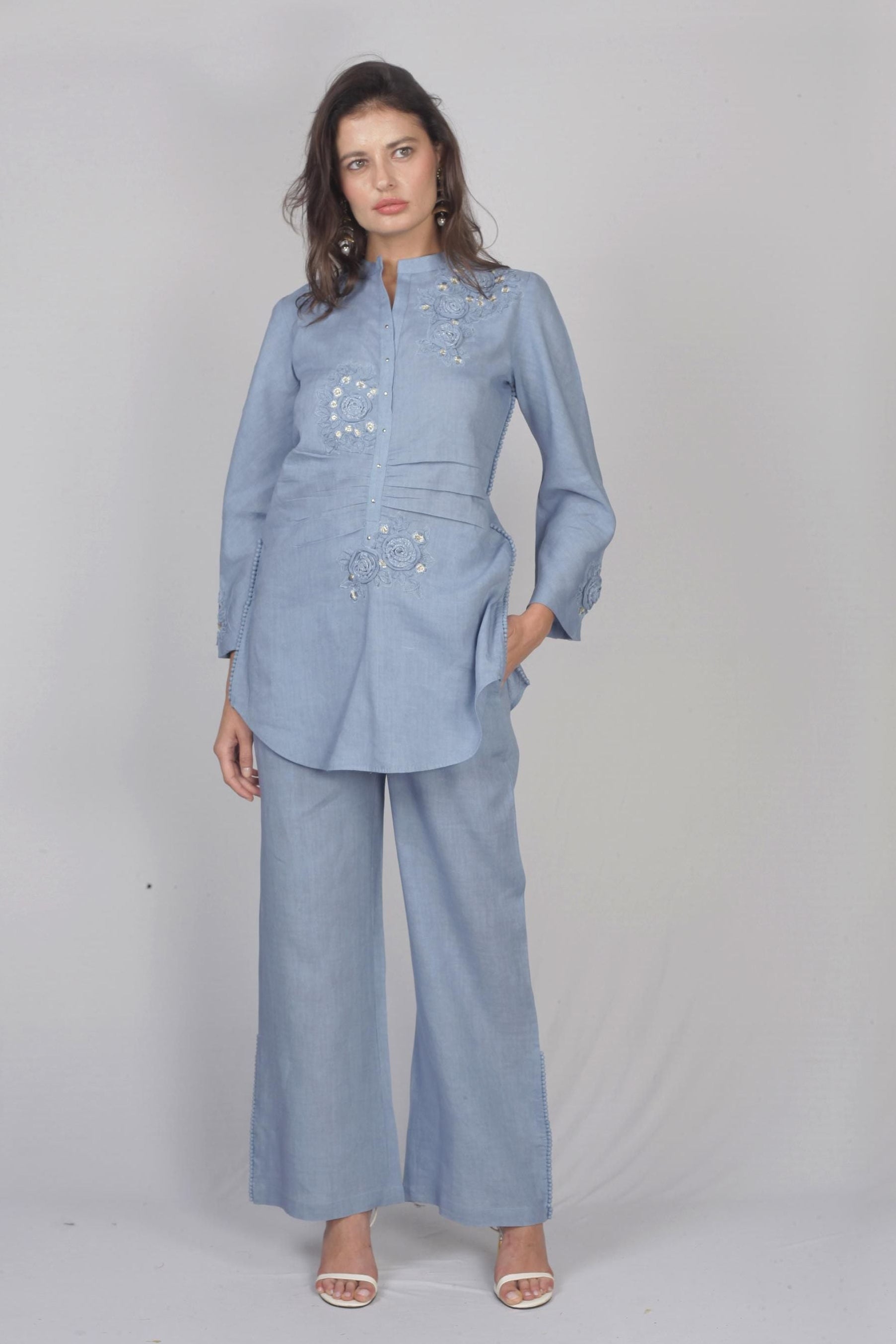 Powder Blue Linen Embroidered Co-Ord Set