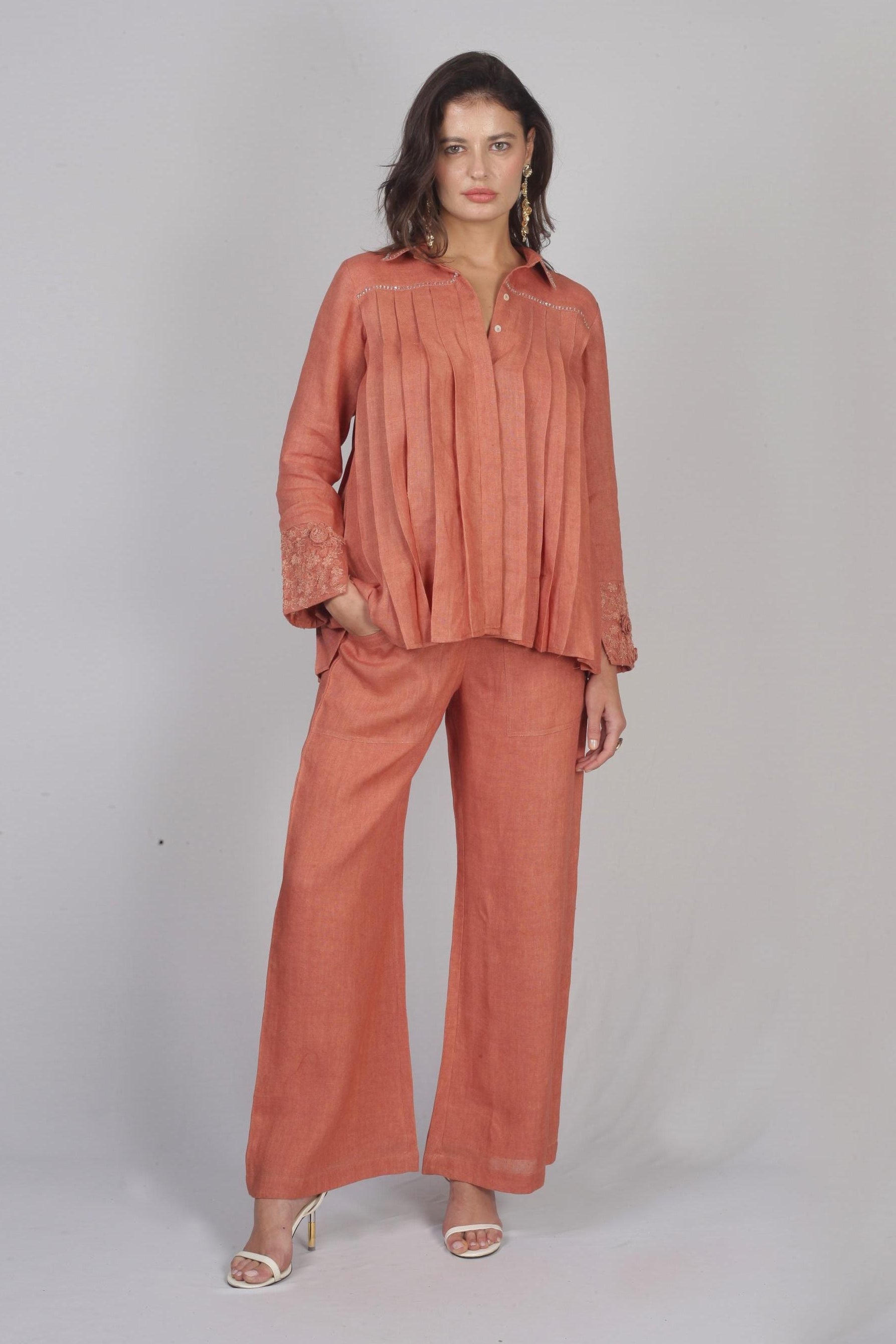 Rust Linen Pleated Co-Ord Set