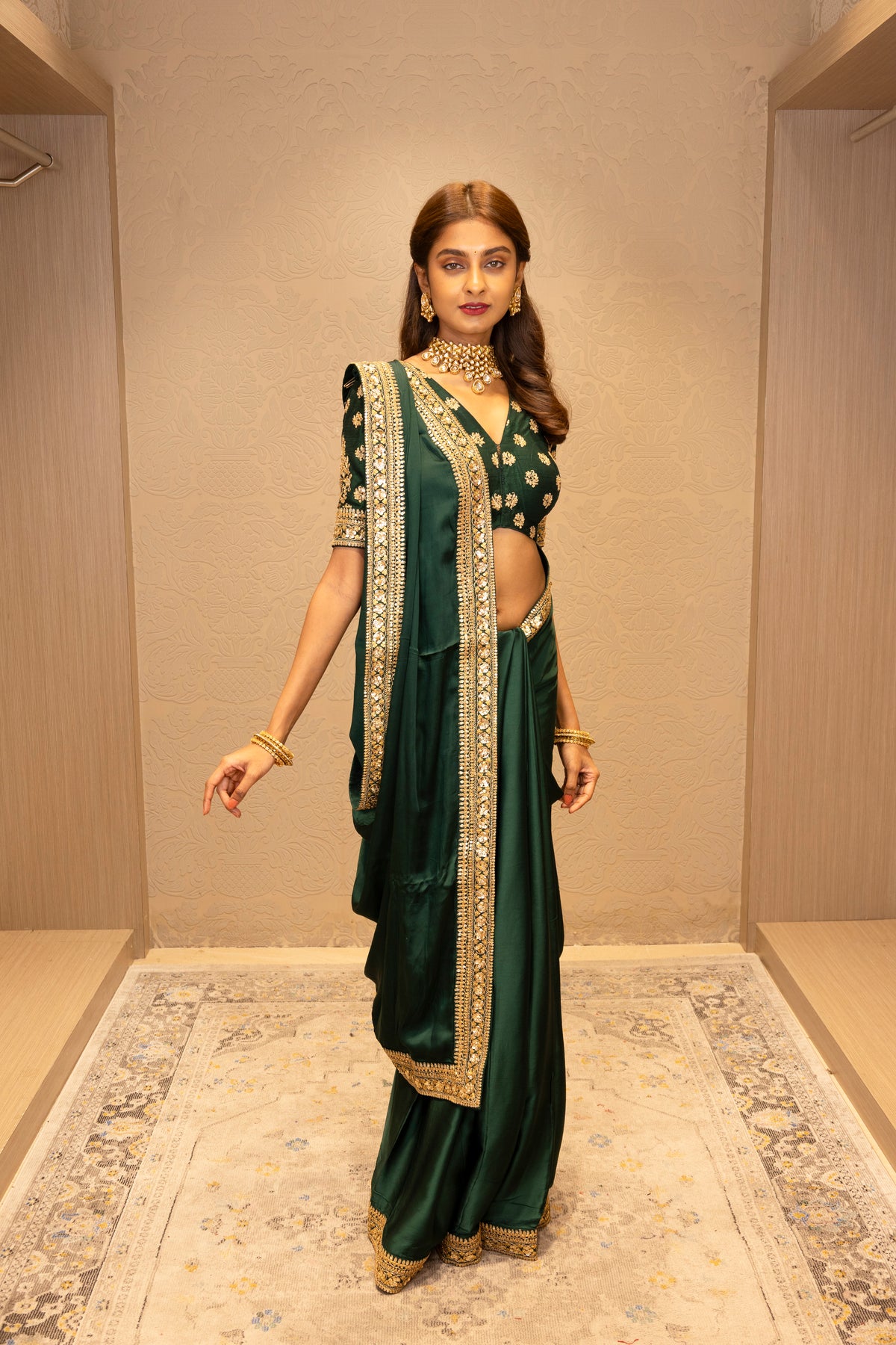 Bottle Green Satin Saree with Embellished Border