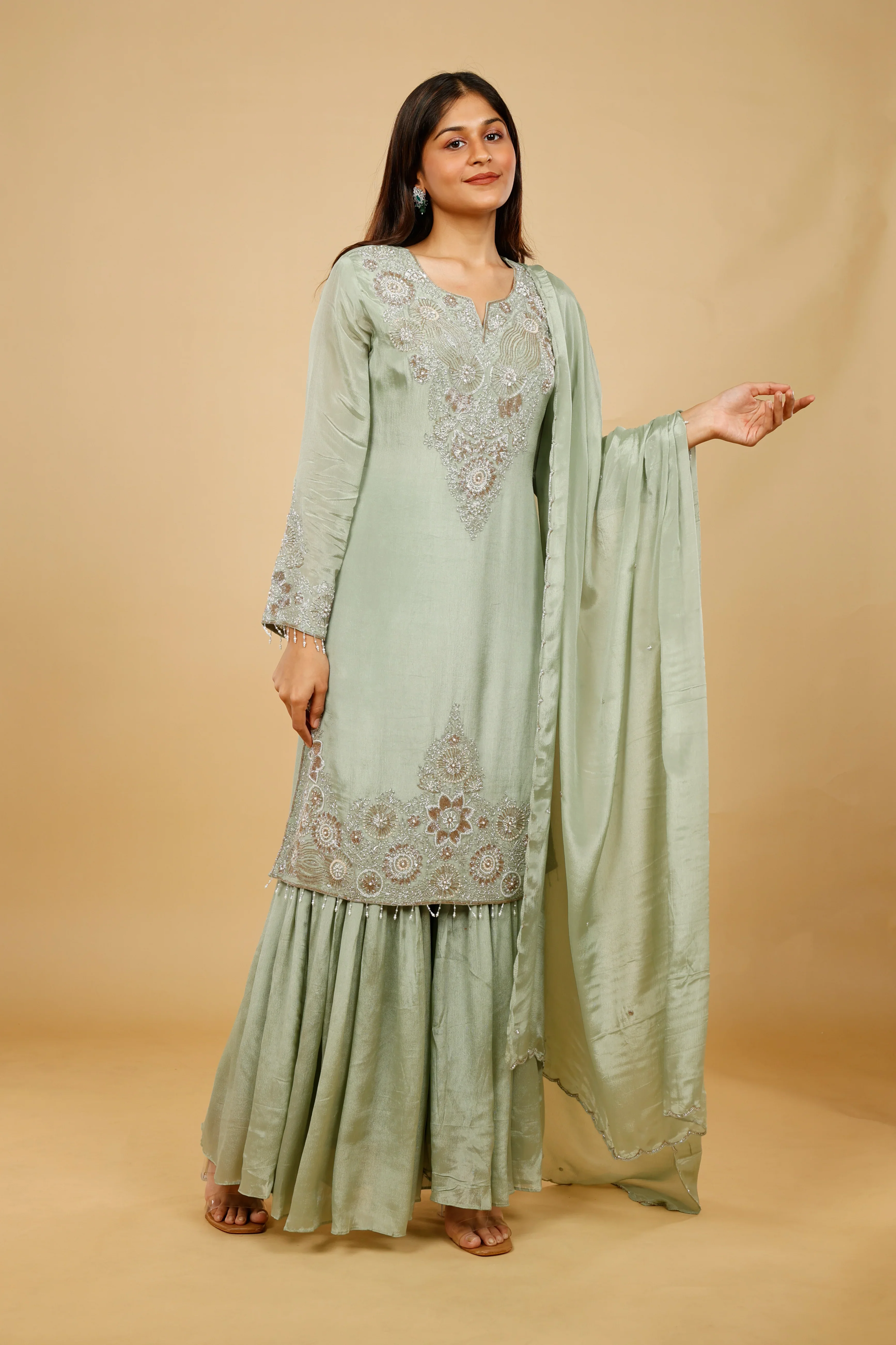 Mint Green Chinon Silk Sharara Set with Kutdana & Pearl Embroidery - Mokshaa