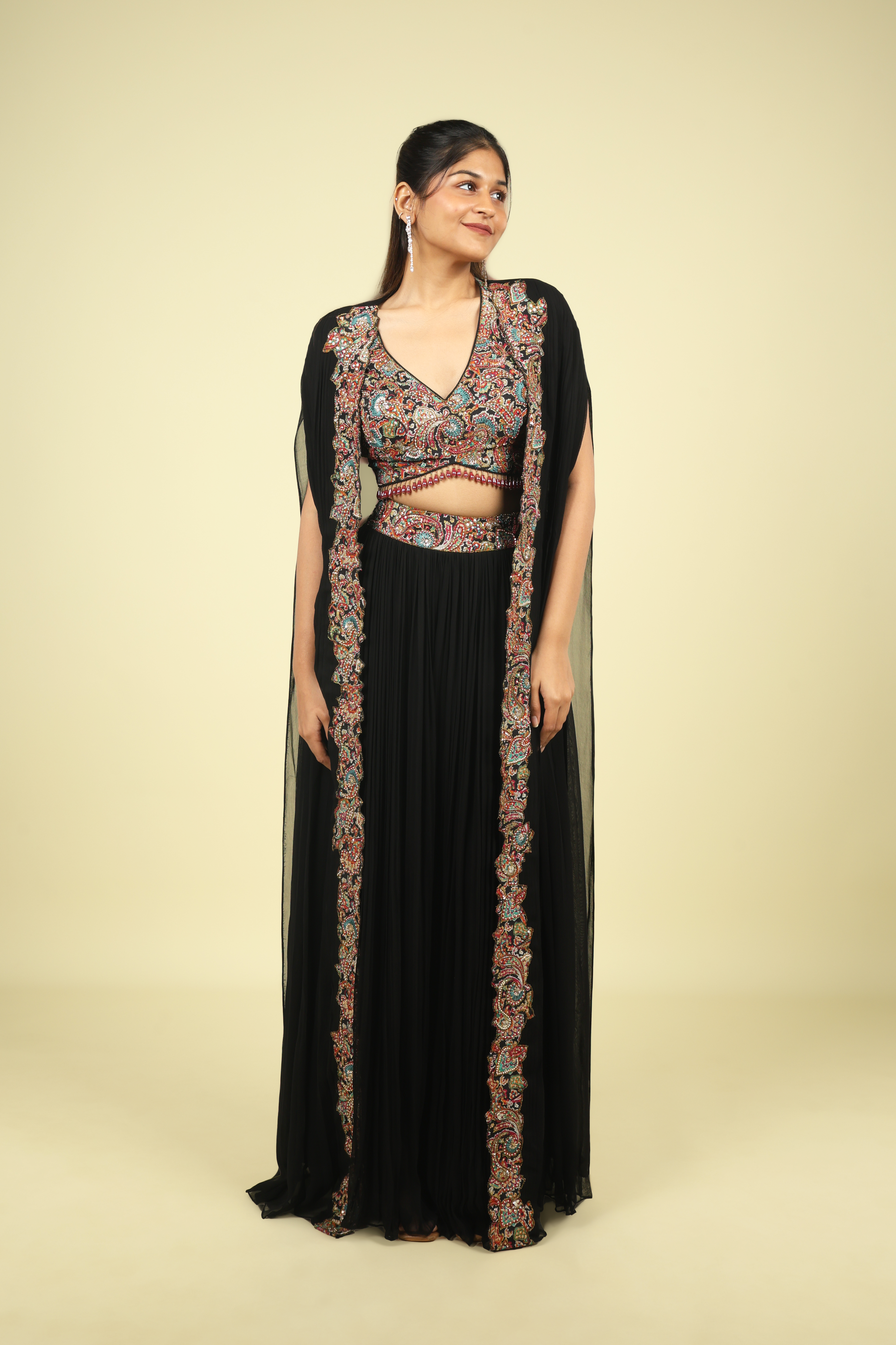 Black Georgette Crop Top Palazzo Set with Embroidered Cape - Mokshaa