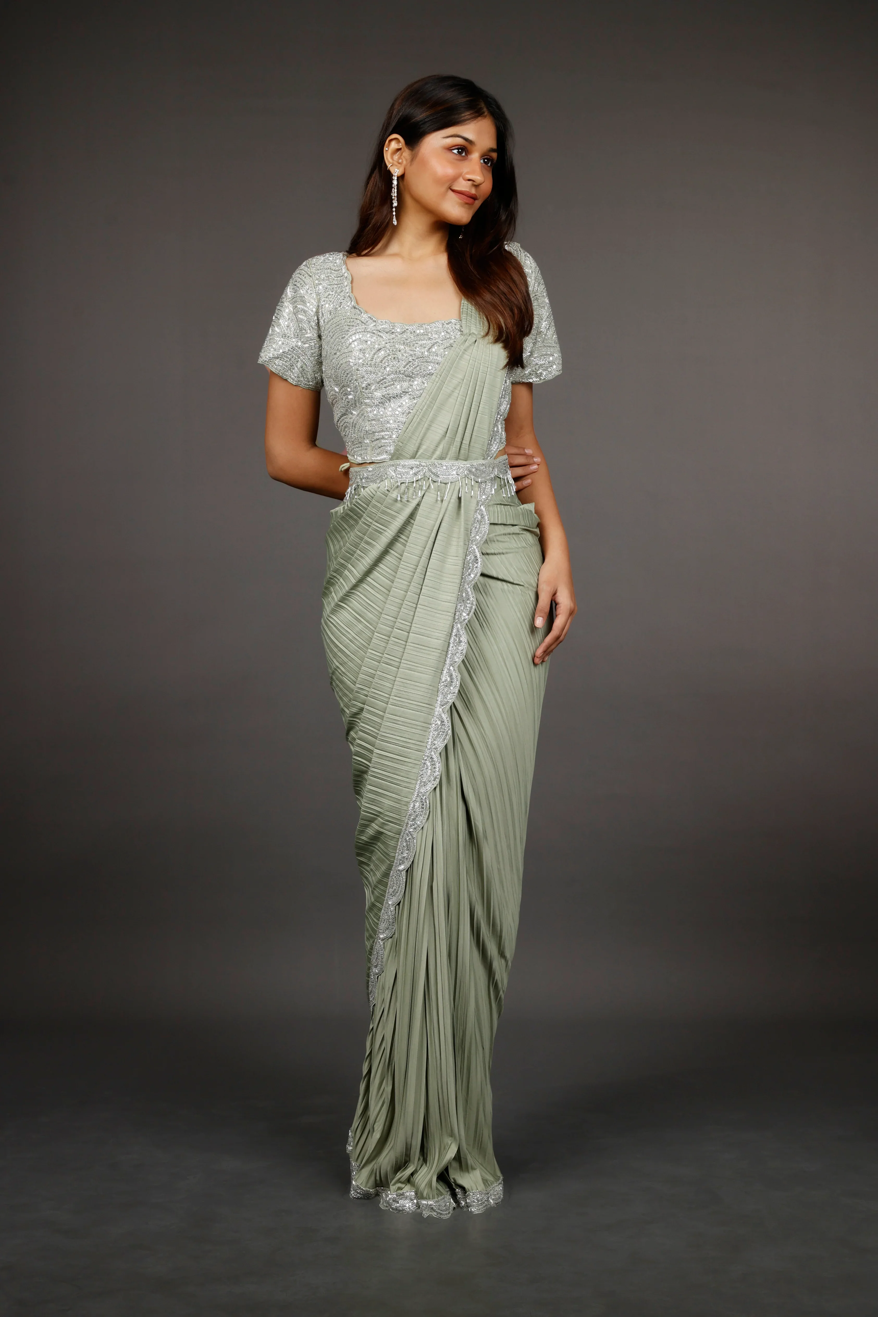 Light Green Lycra Drape Saree with Sequin & Cutdana Embroidered Blouse - Mokshaa