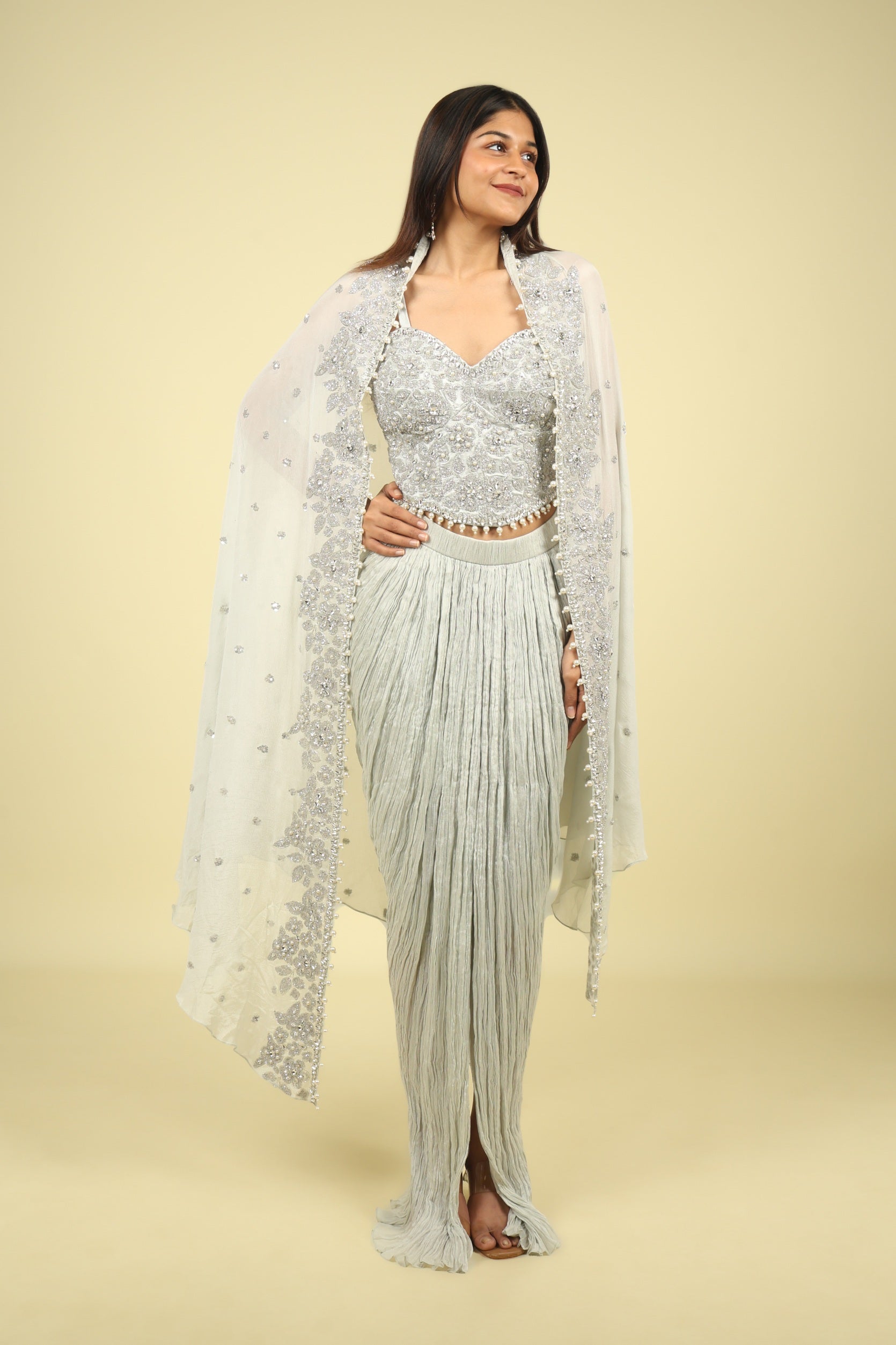 Grey Chinon Corset Skirt Set with Sequin, Cutdana & Stone Embroidery