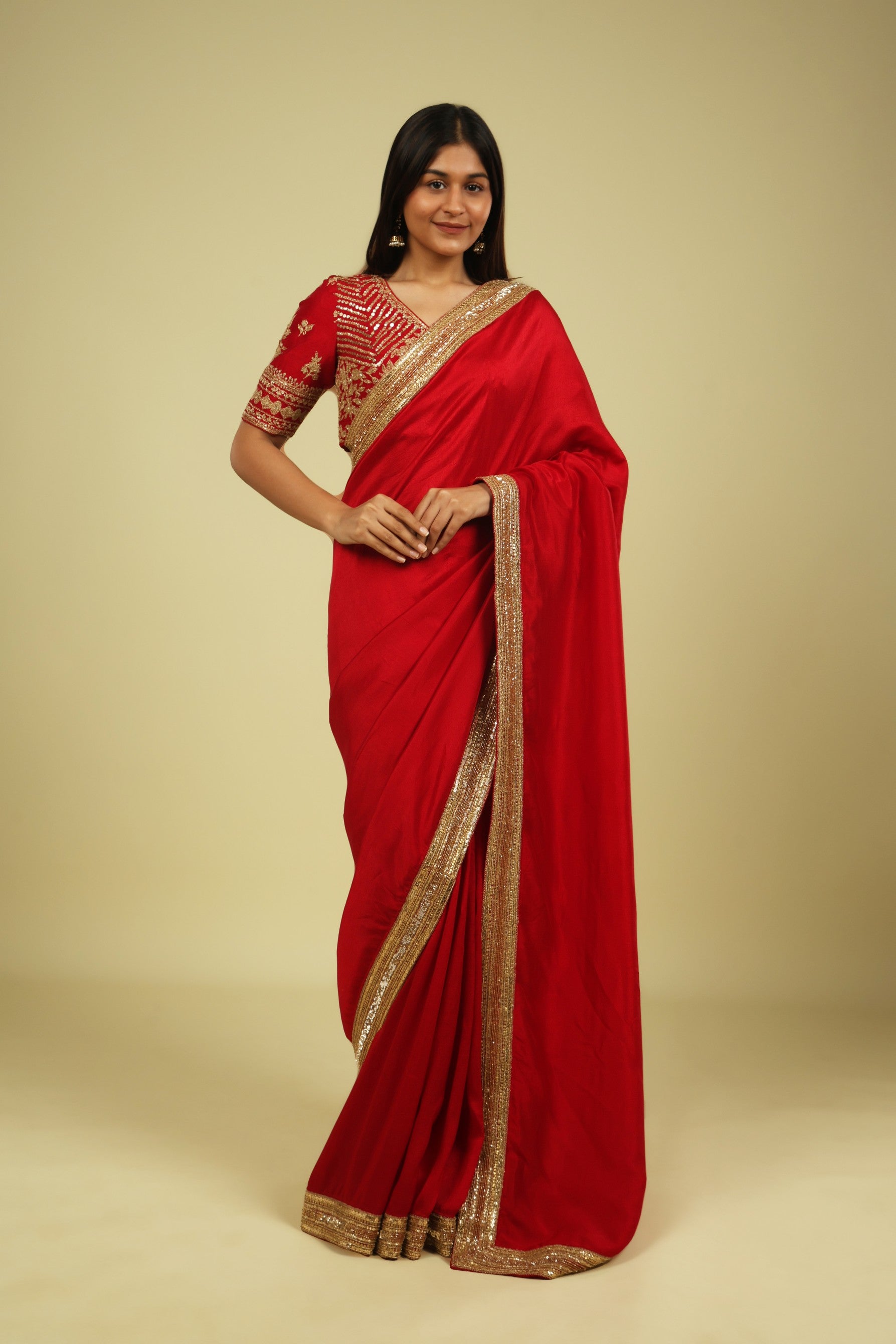 Red Tussar Georgette Saree with Bead & Sequin Border