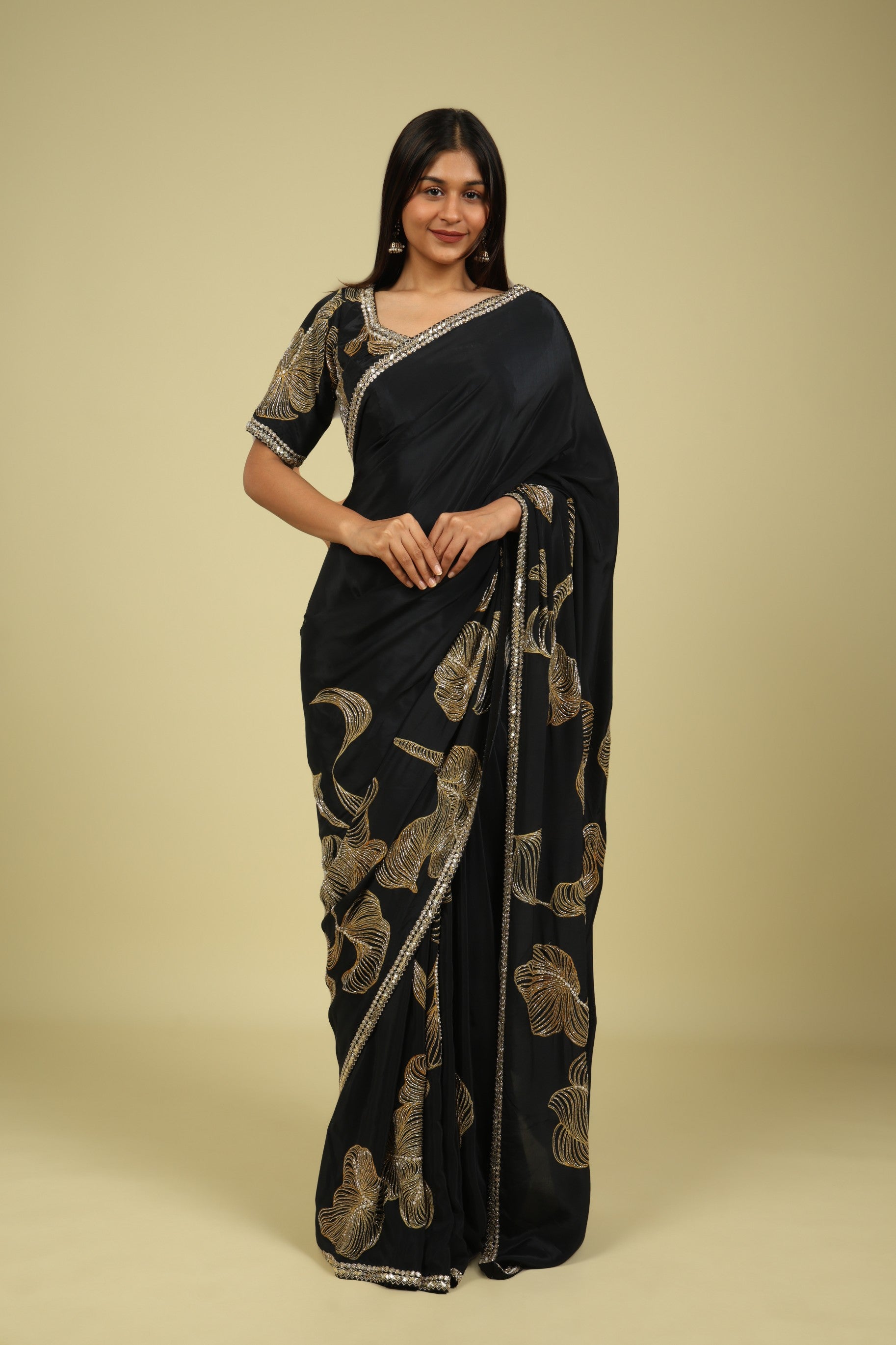 Black Satin Saree with Kardana & Sequin Fancy Work