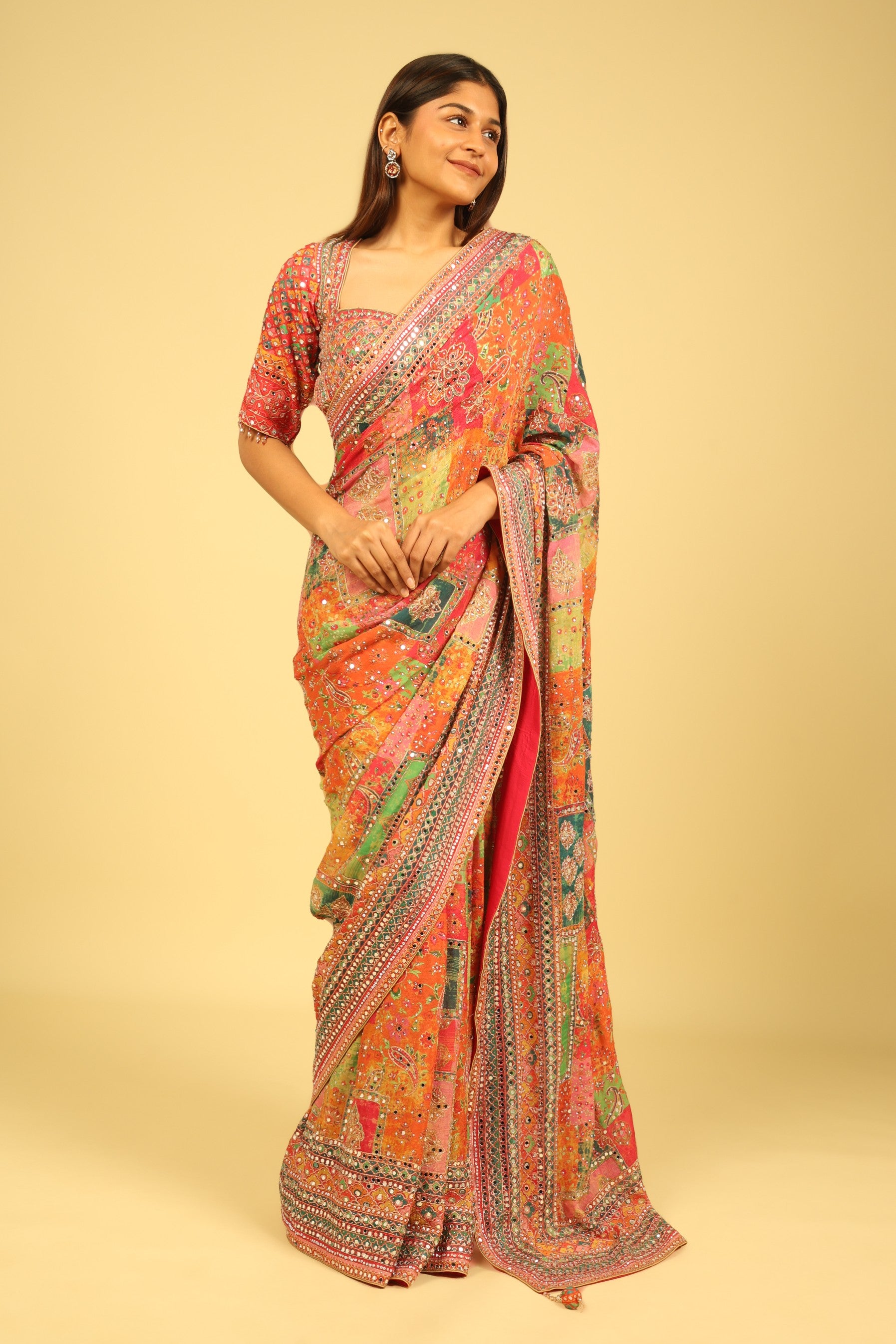 Multicolour Soft Georgette Saree with Digital Print, Sequin & Mirror Highlights