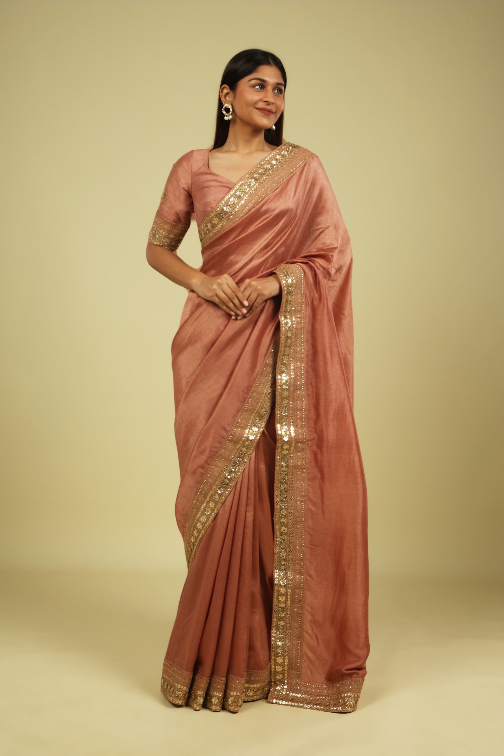 Rust Peach Tussar Georgette Saree with Zari Thread & Sequin Border