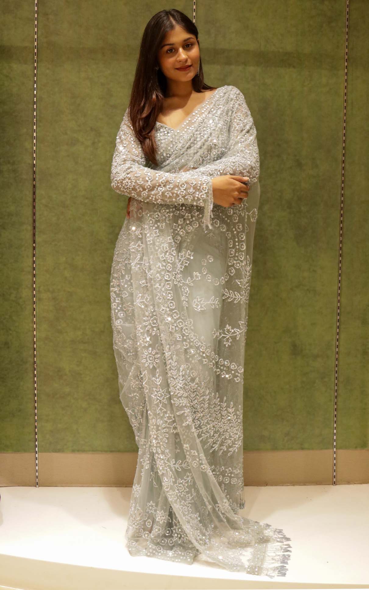 Ice Blue Net Saree with All-Over Sequins & Stone Work