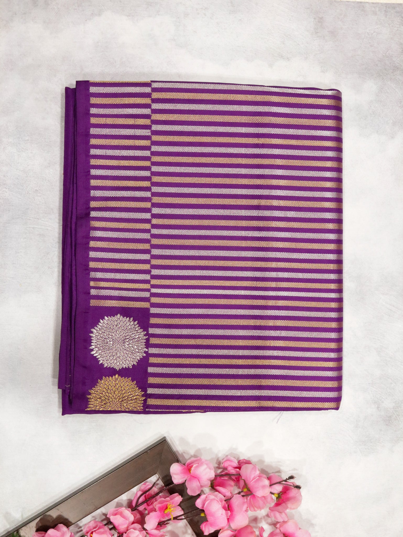 Magenta Banarasi Silk Saree with Long Silver & Gold Zari Border