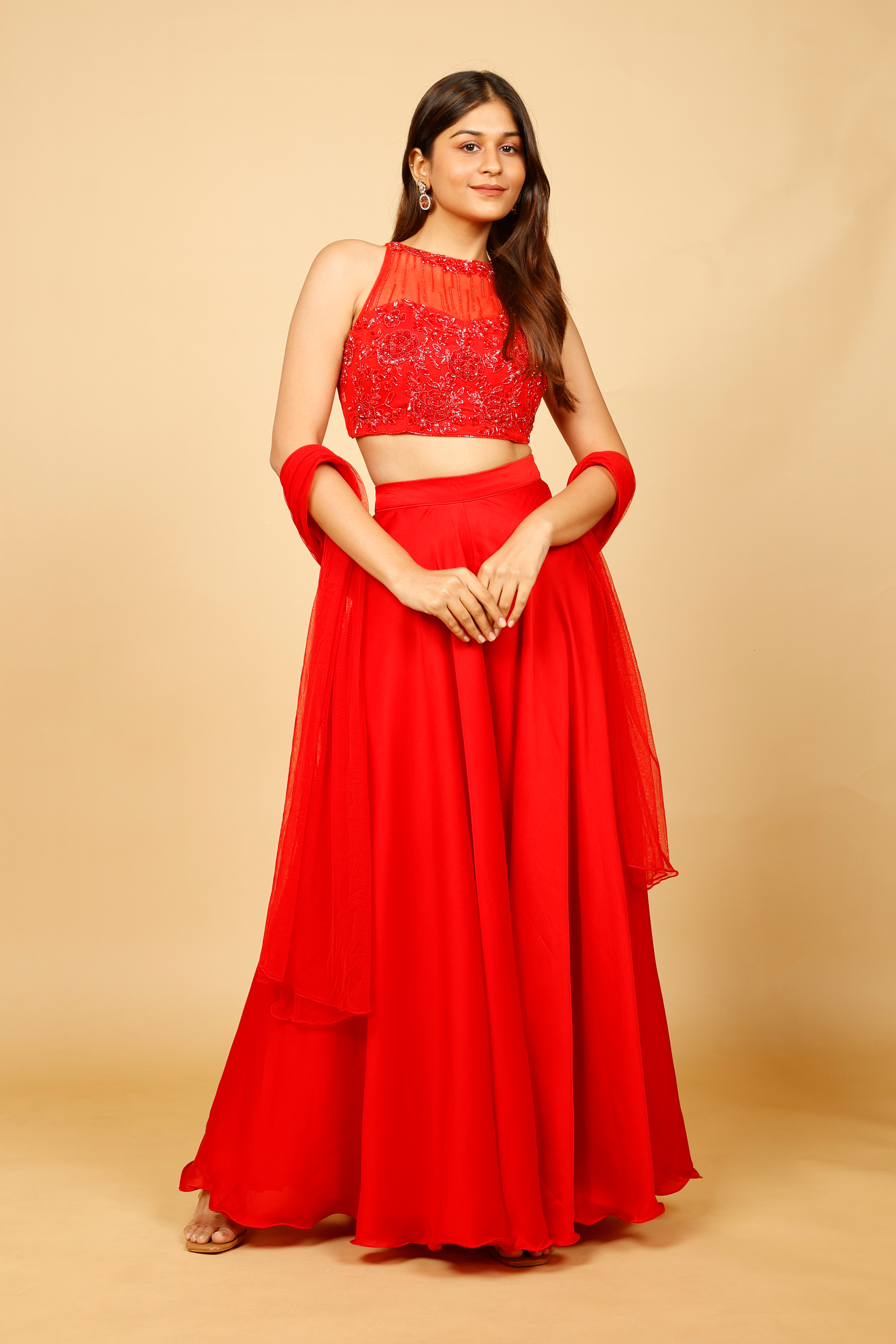 Red Crop Top with Palazzo and Net Dupatta