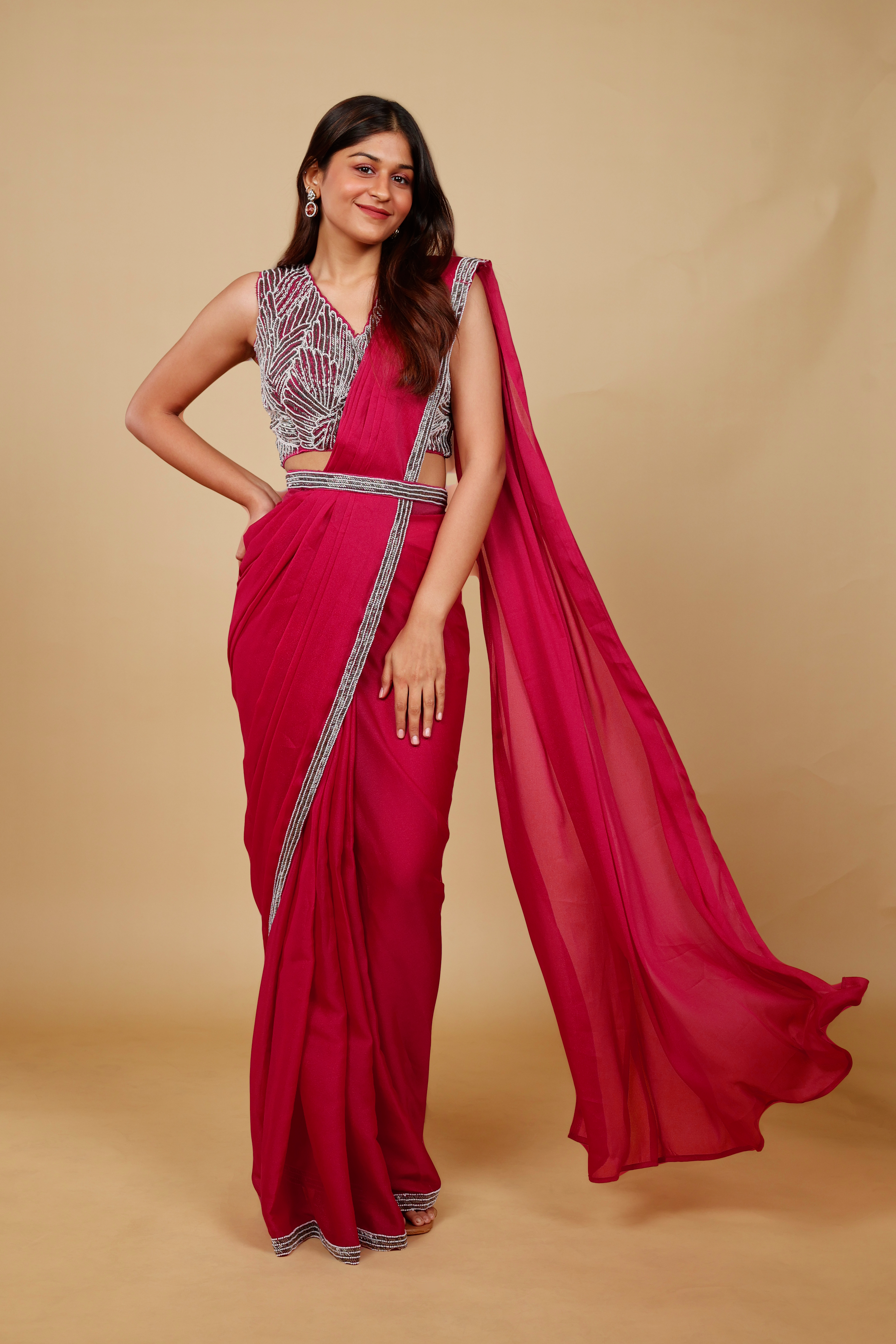 Pink Shimmer Drape Saree with Pearl & Cutdana Embroidery