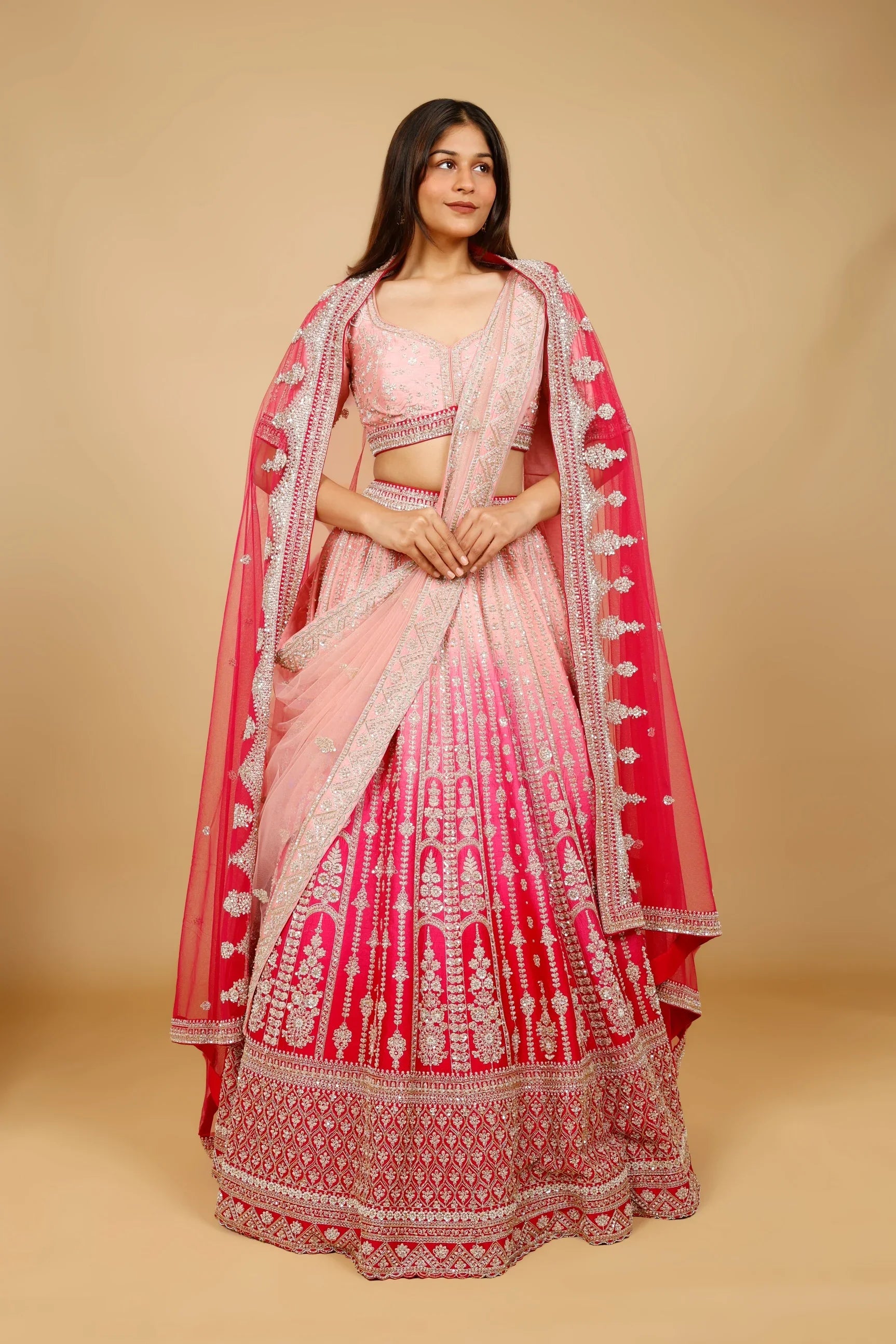 Pink Ombre Raw Silk Bridal Lehenga Set with Zari, Sequin & Zardozi Embroidery