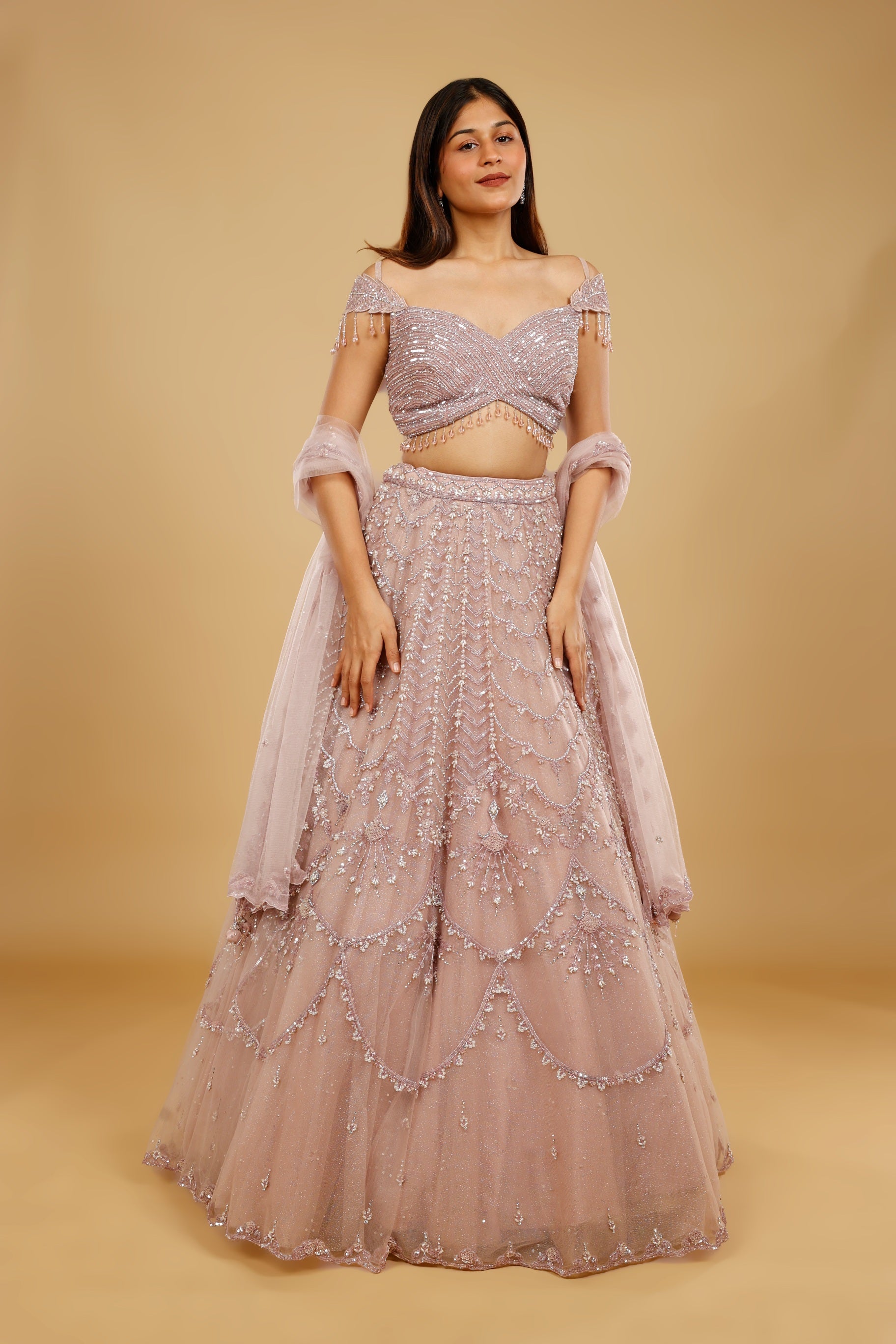 Mauve Net Lehenga Set with Sequin, Pearl & Cutdana Embroidery