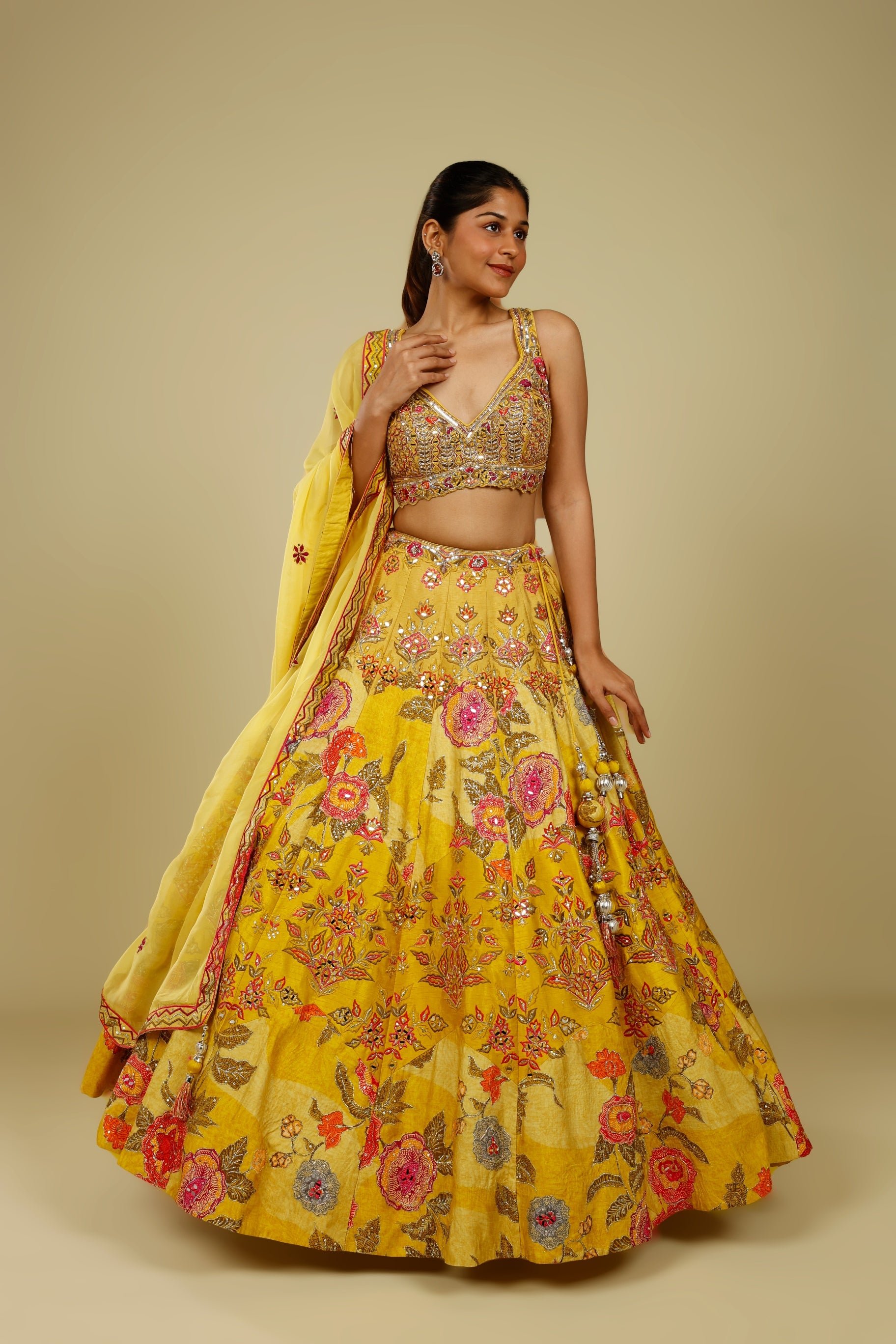 Yellow Silk Printed Lehenga Set with Thread, Mirror & Zari Embroidery | Mokshaa