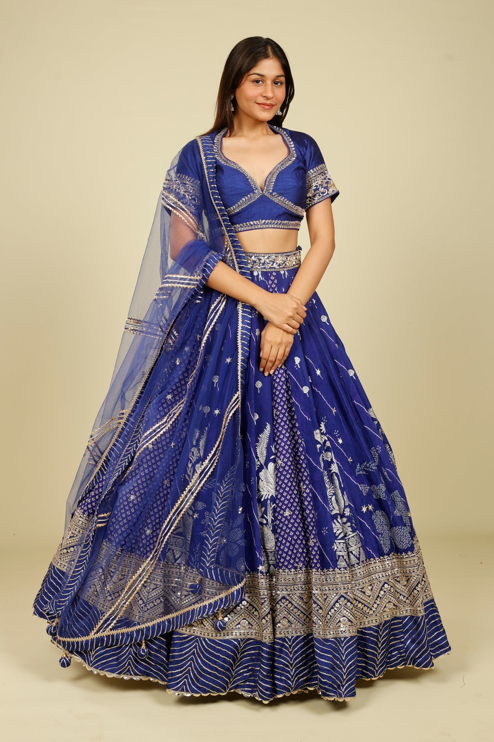 Royal Blue Printed Crepe Silk Lehenga Set with Zardozi & Gota Embroidery | Mokshaa