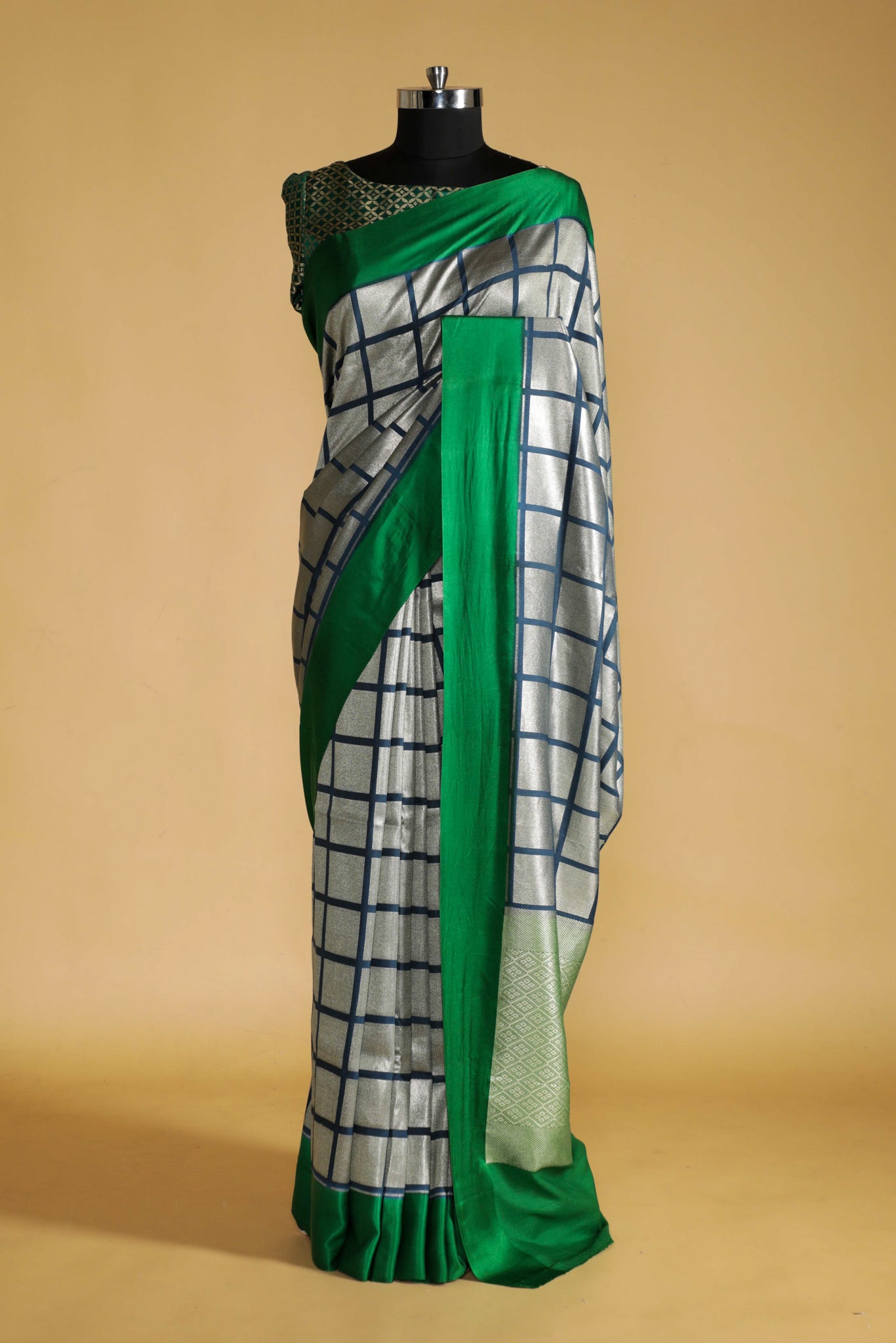 Ash Blue Handloom Silk Saree with Silver Zari Geometric Weaving
