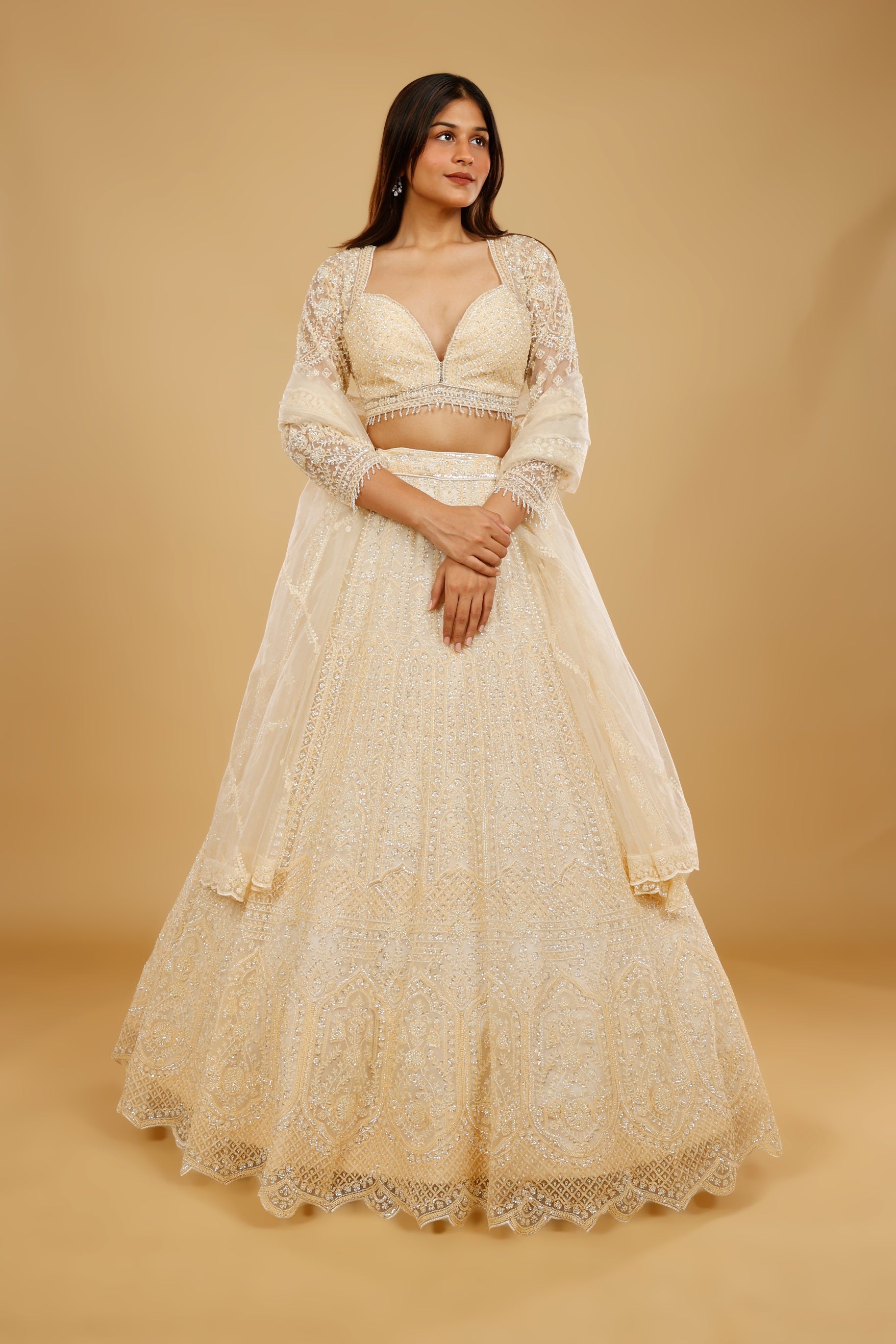 Ivory Gold Net Lehenga Set with Sequin, Cutdana & Pearl Embroidery