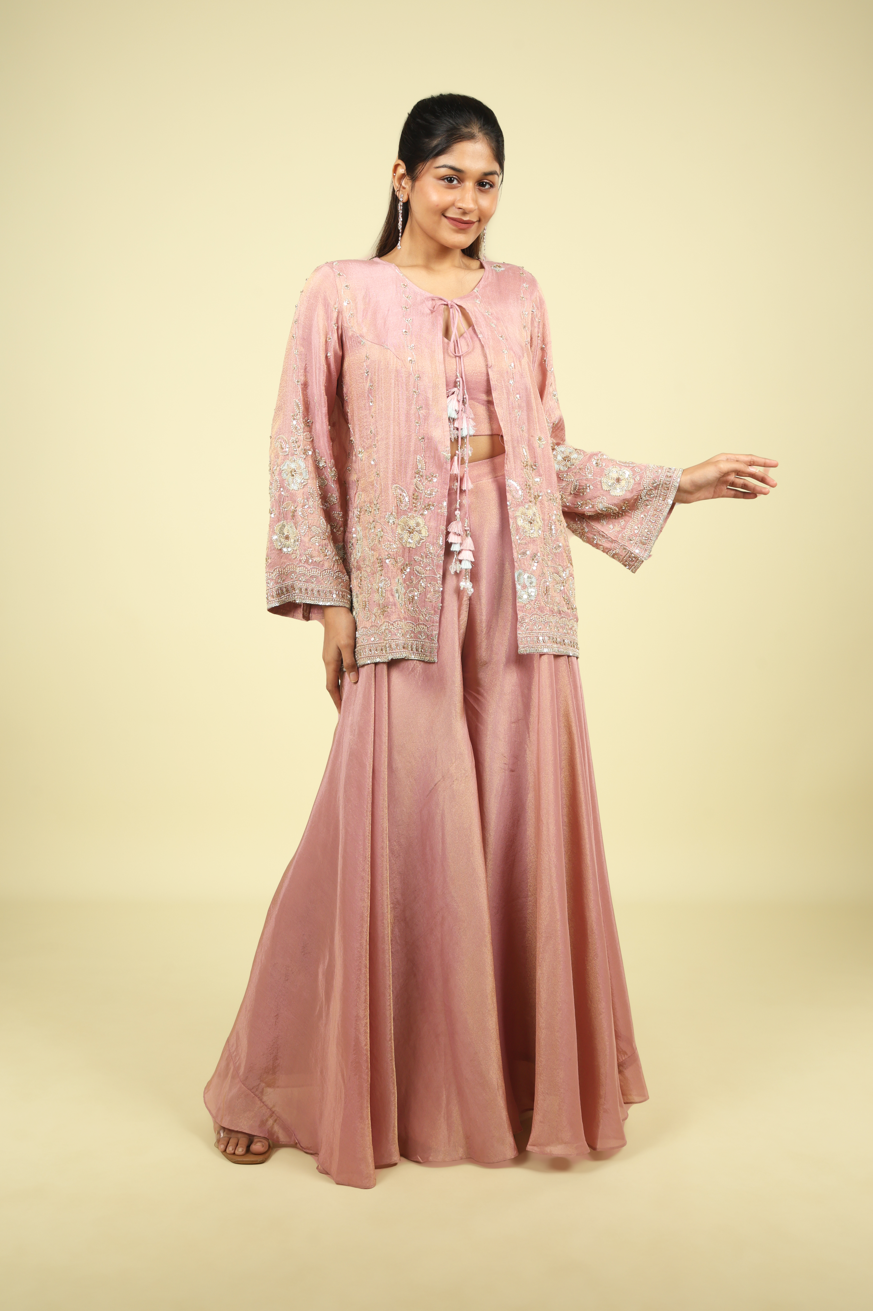 Peach Crush Tissue Cape Set - Mokshaa