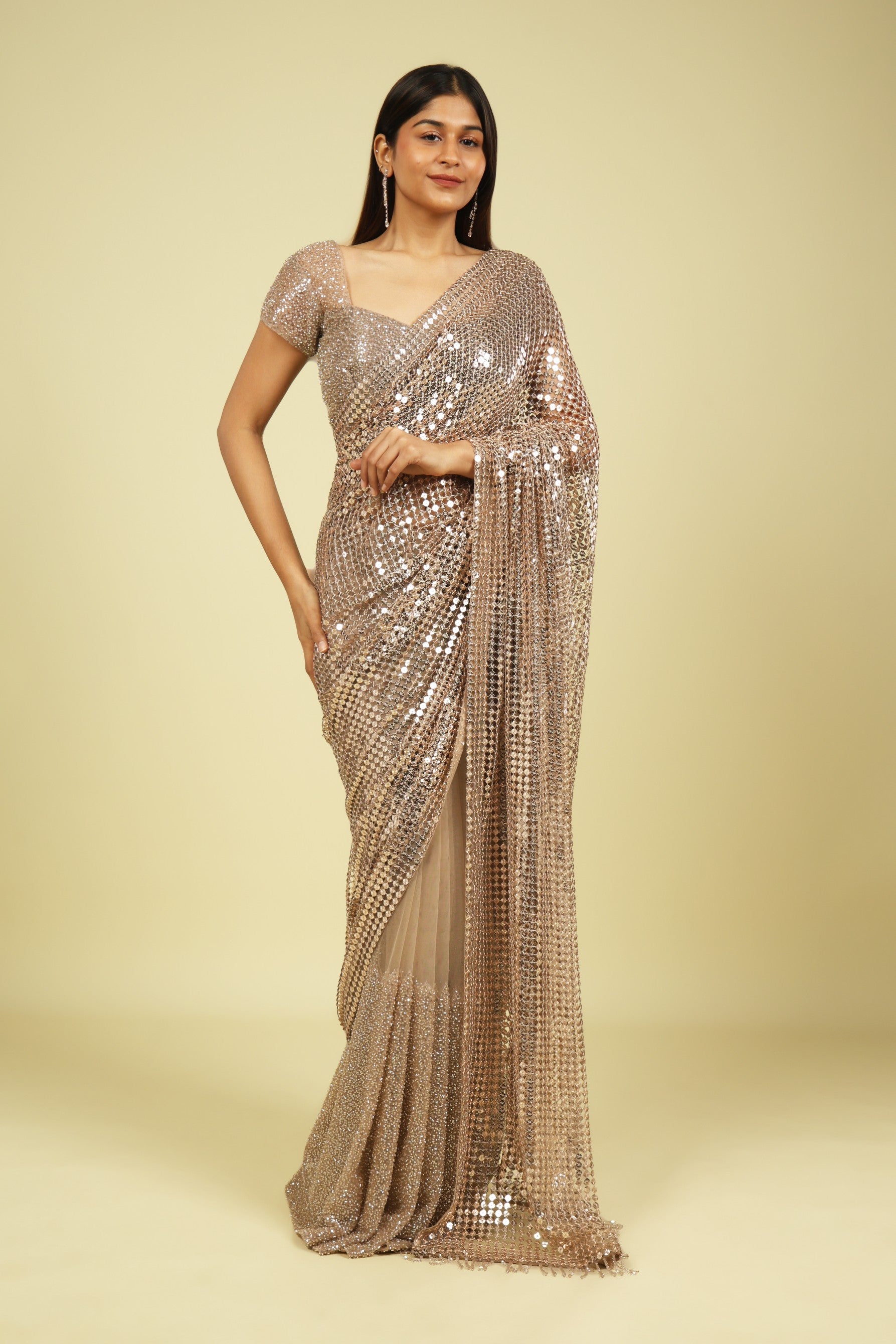 Gold Metallic Mesh Saree with Sequins & Beadwork