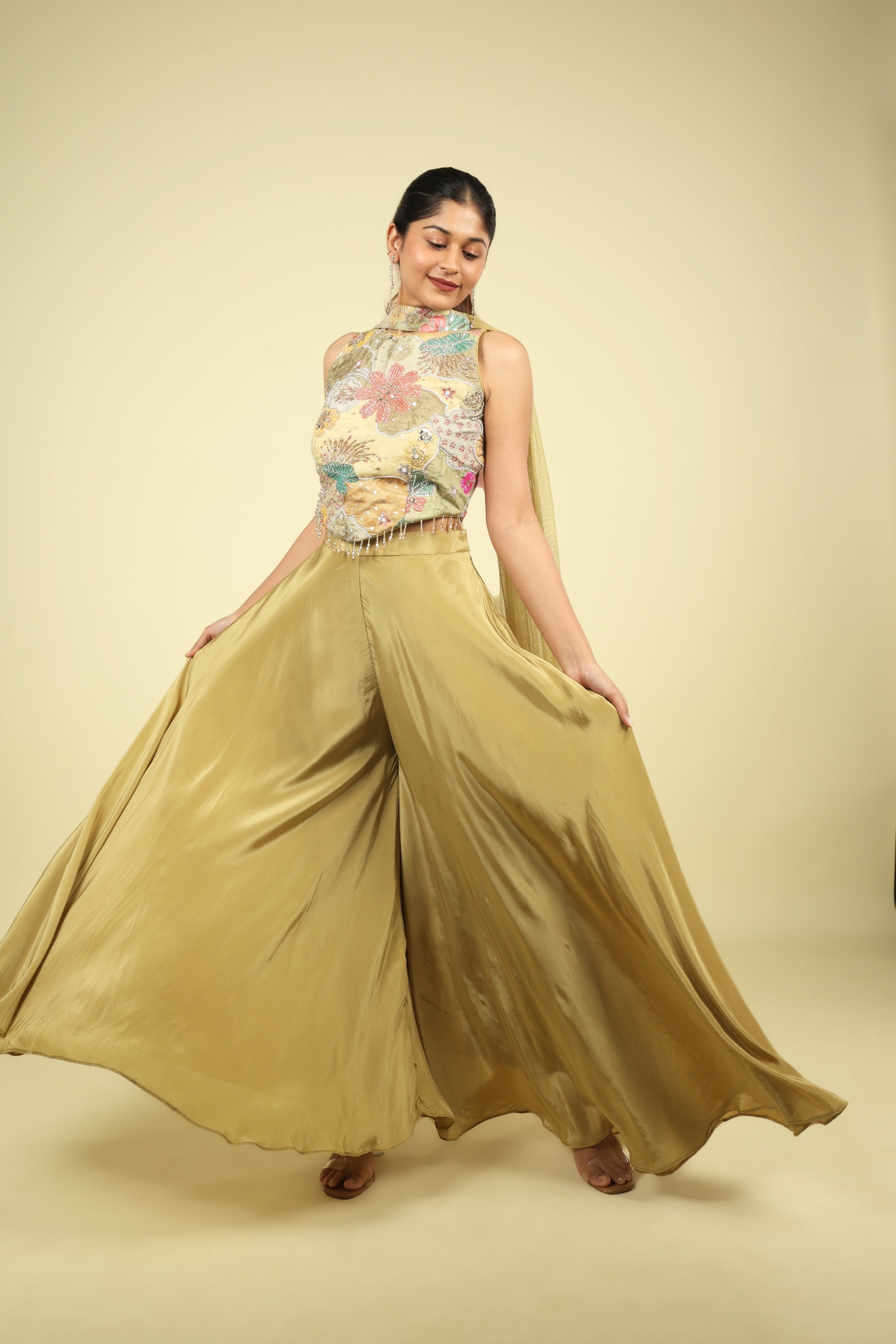 Olive Green Embroidered Satin Silk Corset Palazzo Set