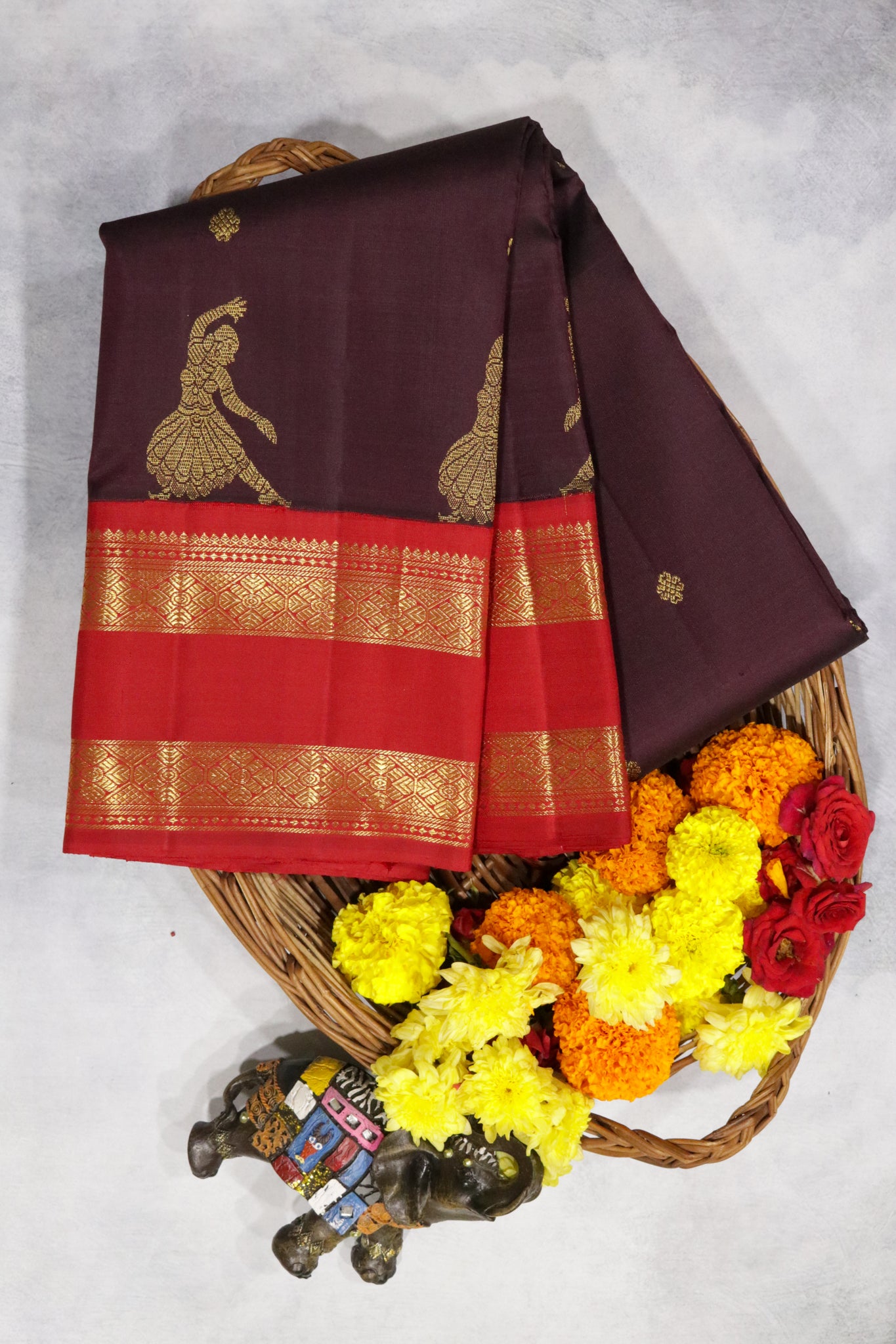 Chocolate Brown Kanchipuram Silk Saree with Motifs & Dancing Figurines and Contrast Zari Border