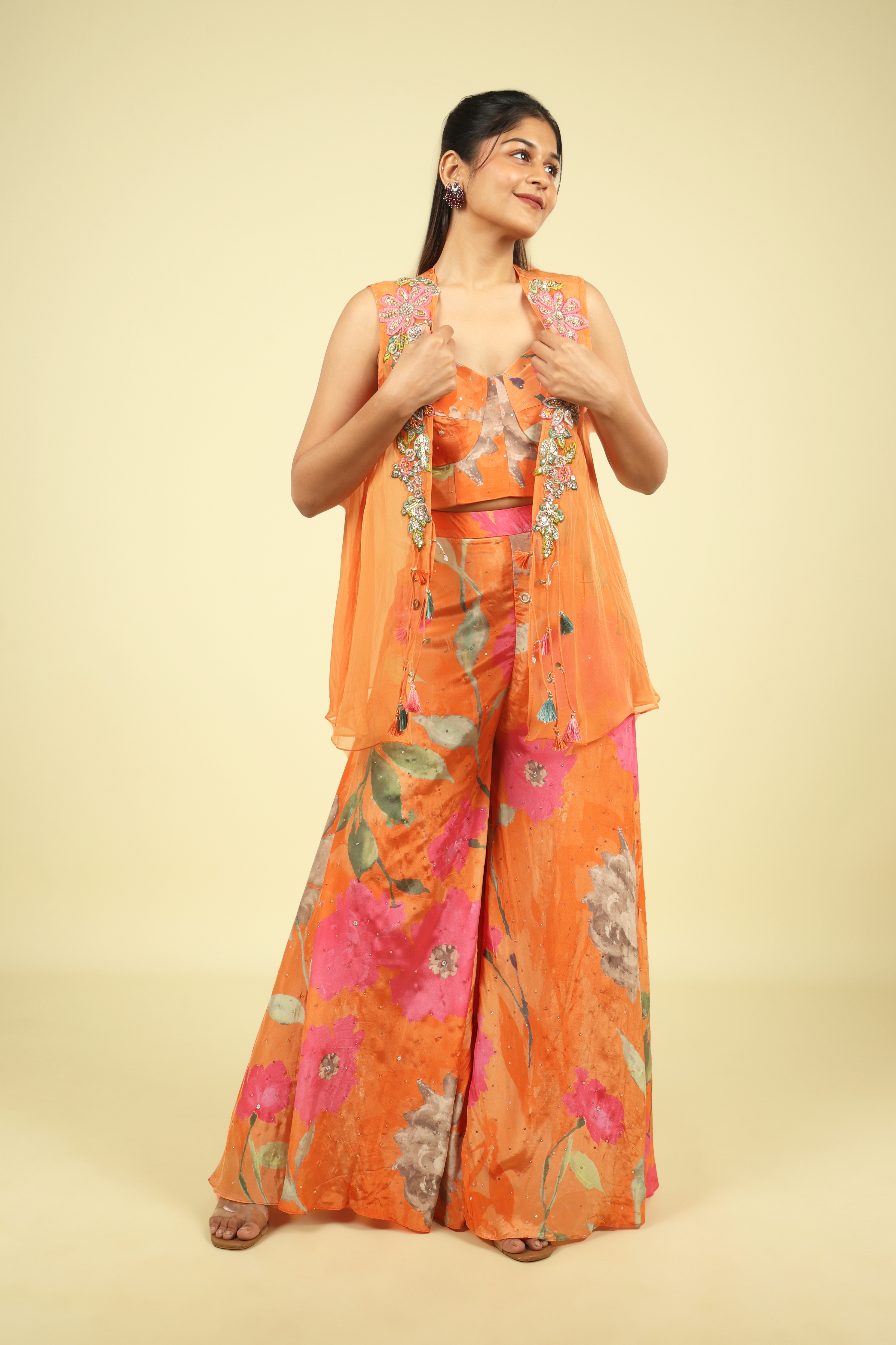 Orange Multi-Colour Printed Crepe Palazzo Set with Organza Jacket - Mokshaa