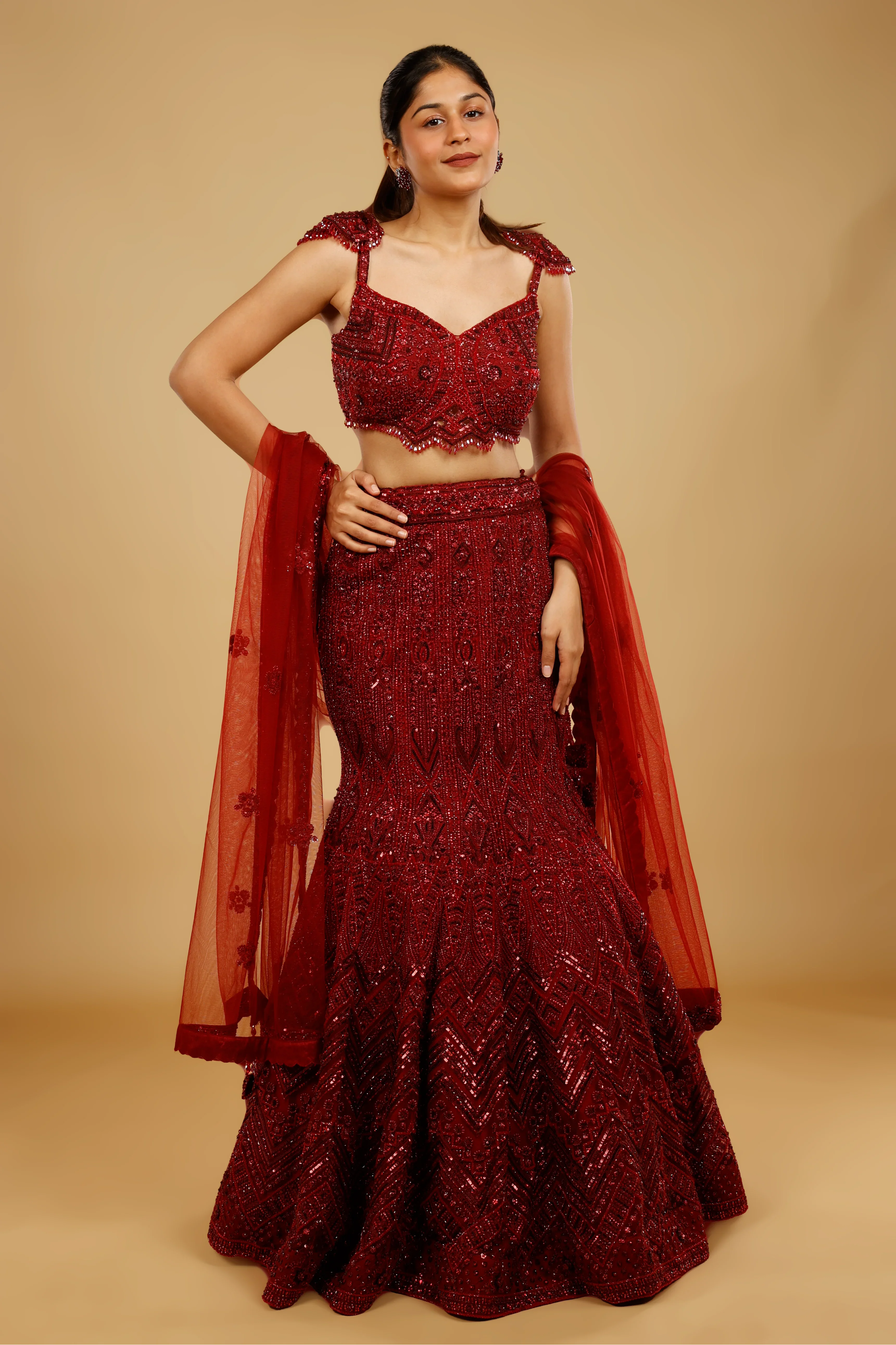 Maroon Hand-Embroidered Mermaid Lehenga Set - Mokshaa