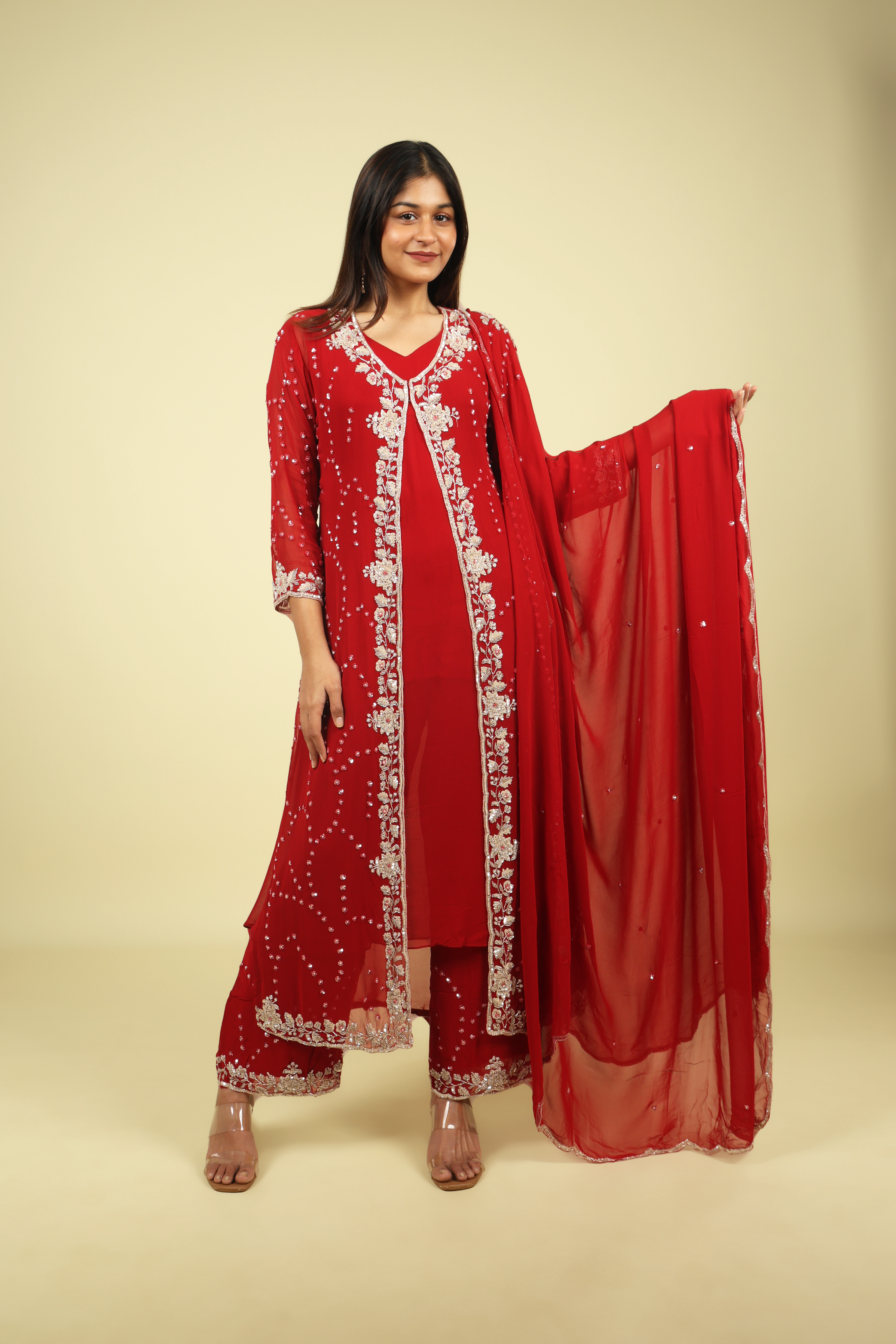Red Georgette Anarkali Cape Set with Sequin, Cutdana & Pearl Embroidery - Mokshaa