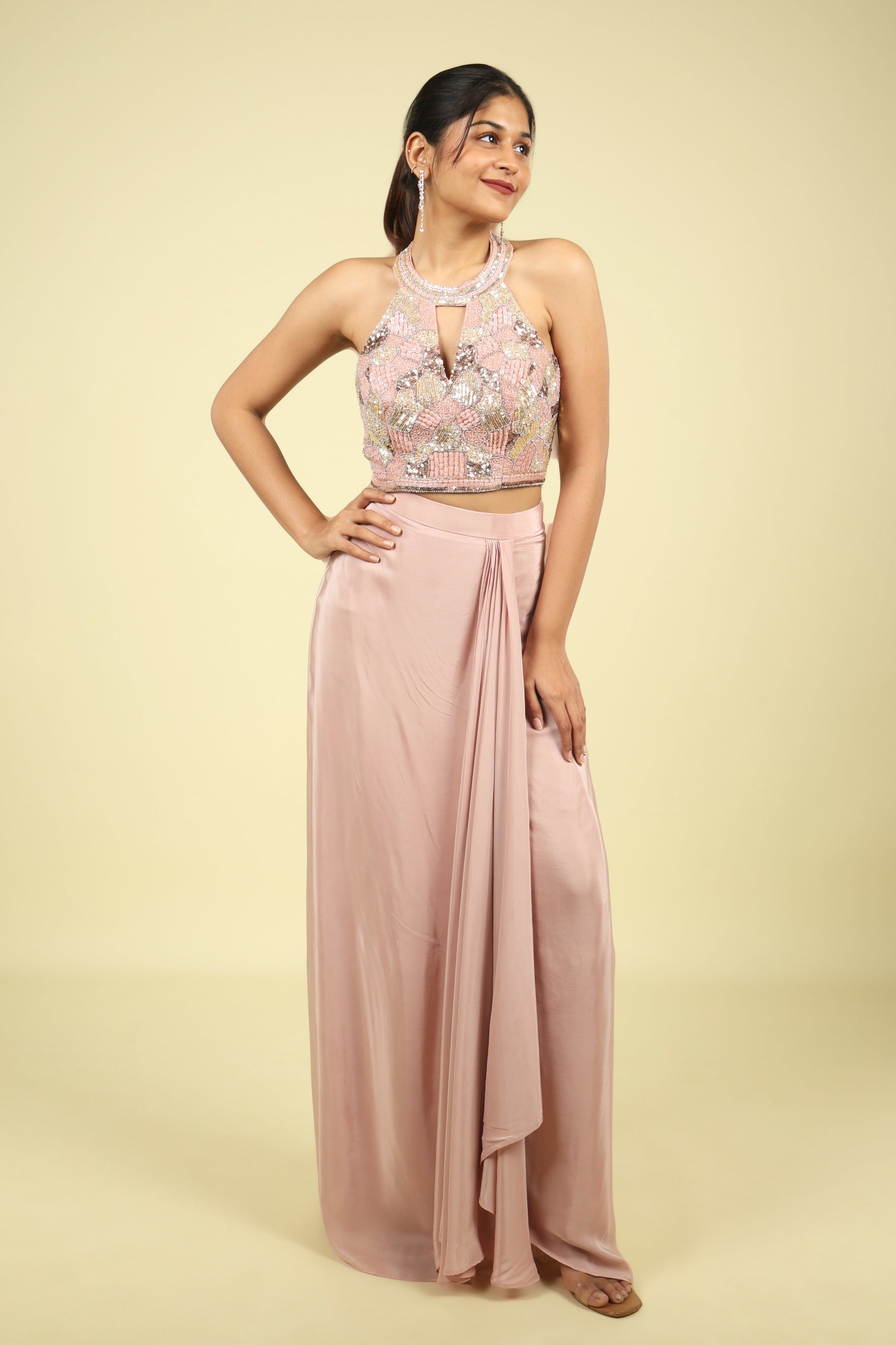 Blush Pink Halter Neck Embellished Drape Skirt Set