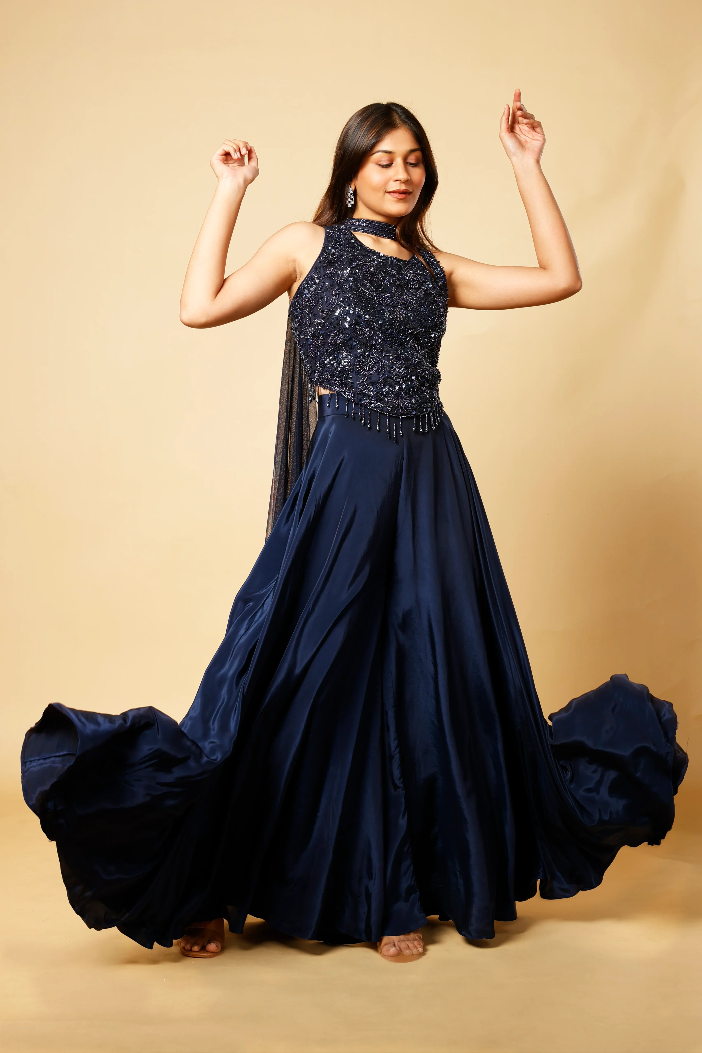 Navy Blue Satin Corset Palazzo Set with Pearl, Cutdana & Metallic Embroidery - Mokshaa