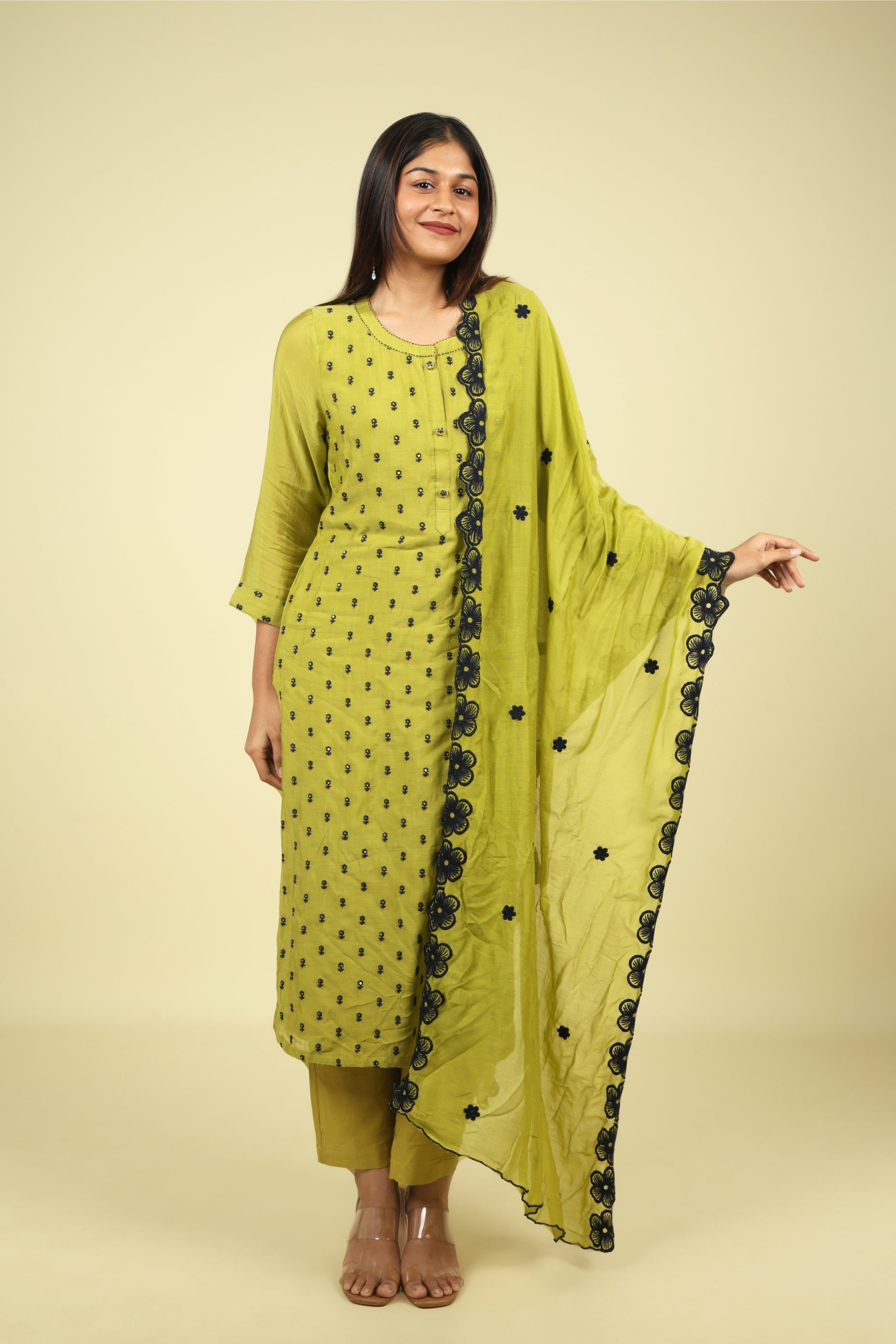 Olive Green Mul Chanderi Straight Cut Salwar Set with Navy Thread Embroidery