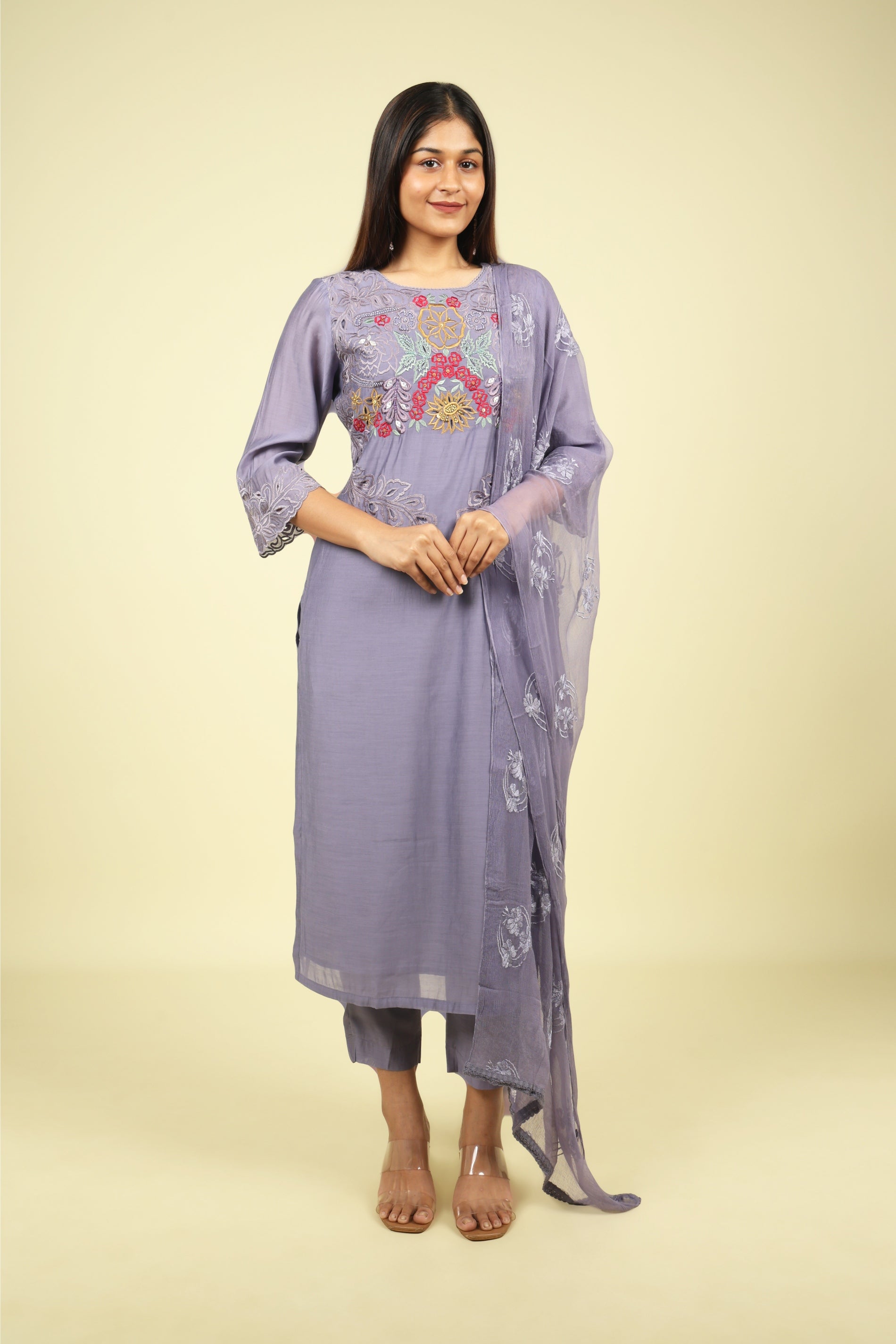 Violet Embroidered Mul Chanderi Salwar Suit