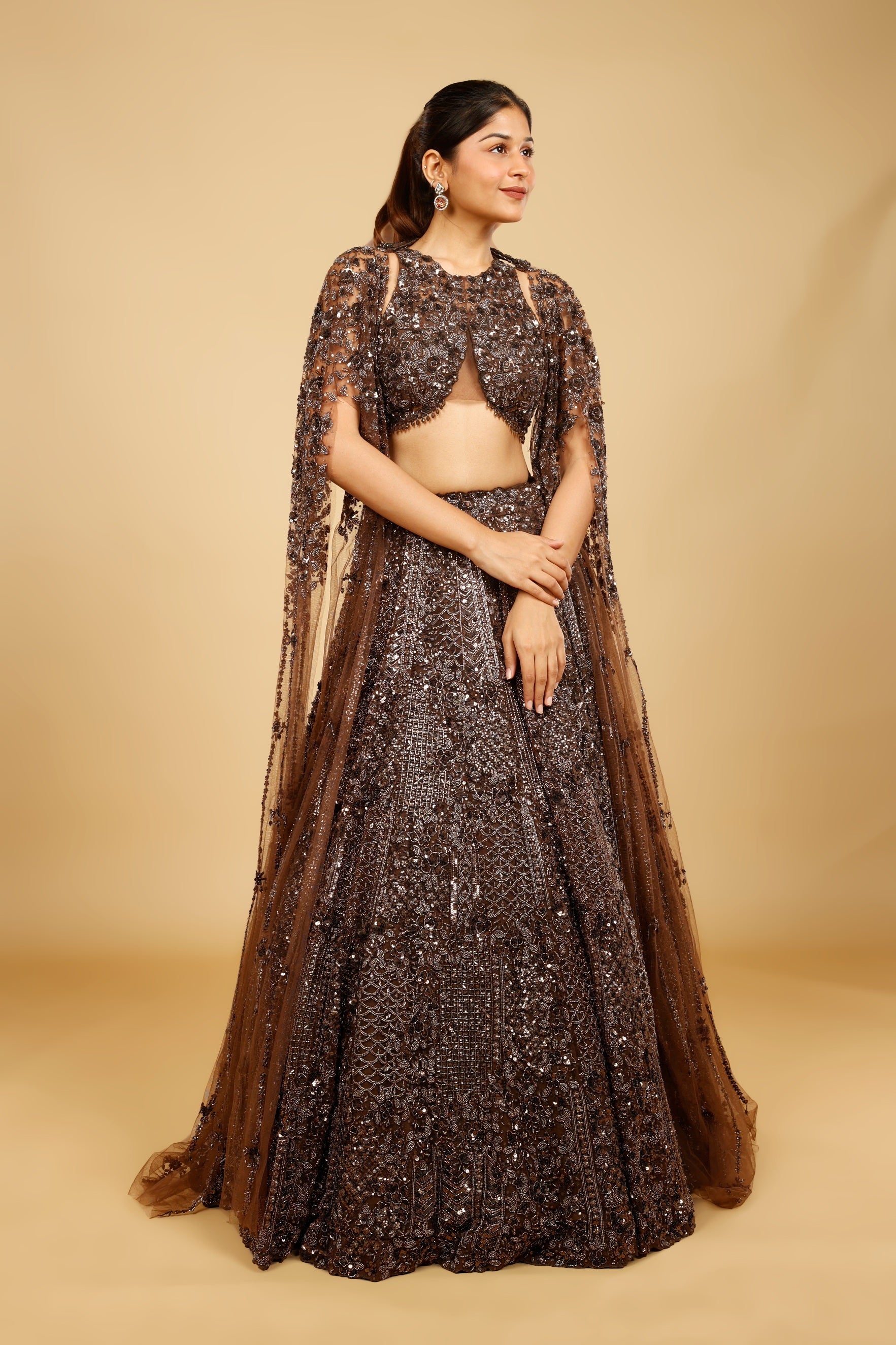 Brown Net Lehenga Set with Sequin, Kutdana & Pearl Embroidery