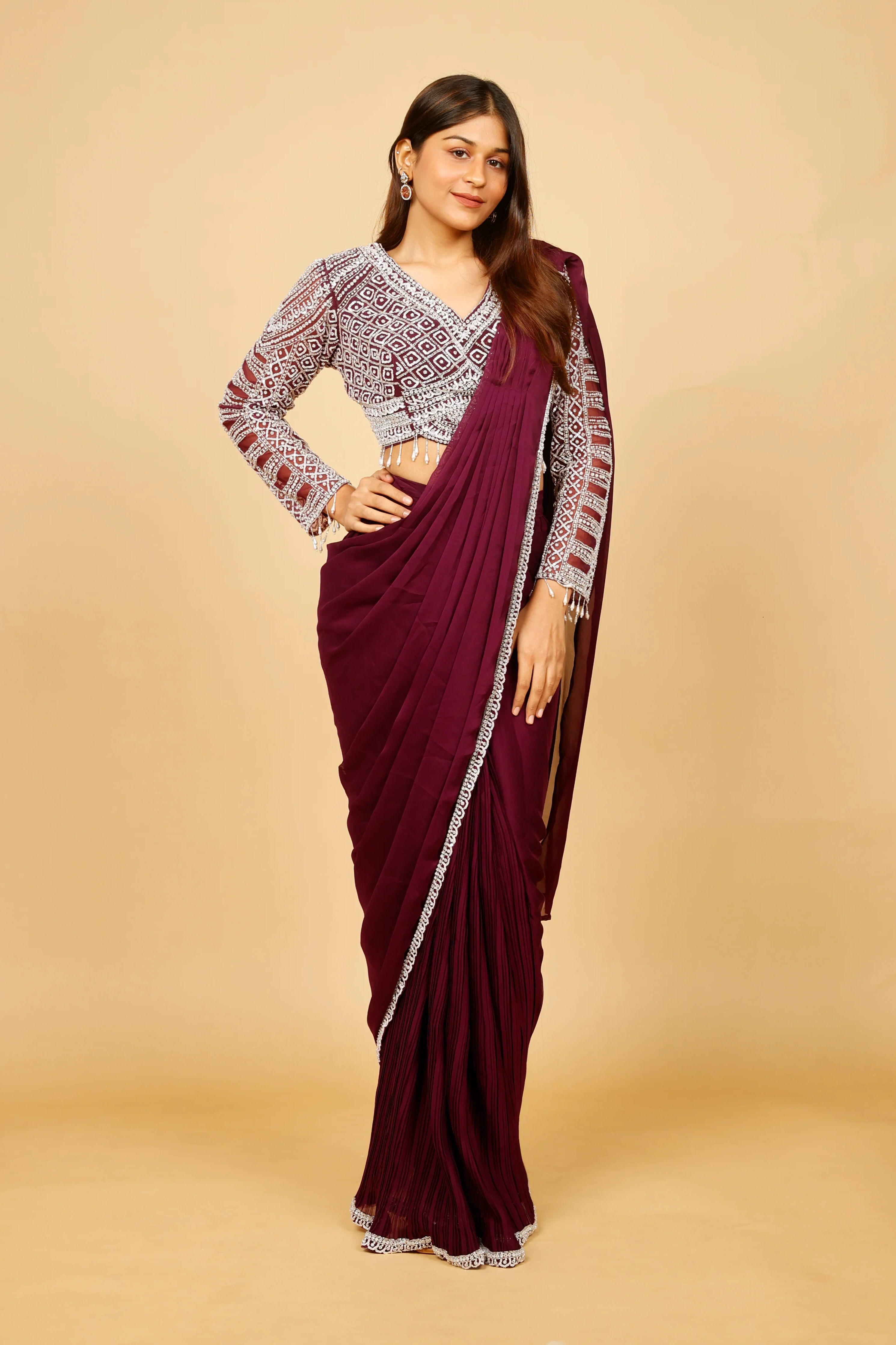 Plum Chinon Drape Saree with Sequin & Stone Embroidered Blouse - Mokshaa