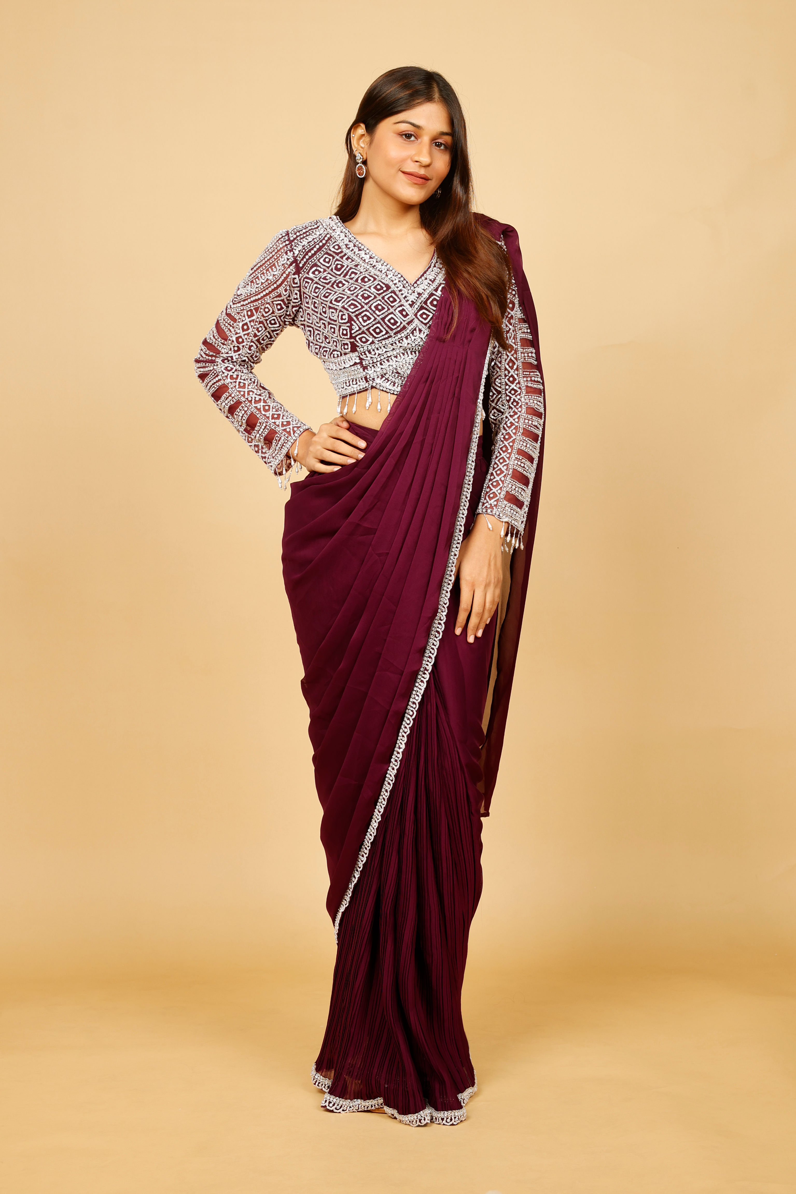 Plum Chinon Drape Saree with Sequin & Stone Embroidered Blouse
