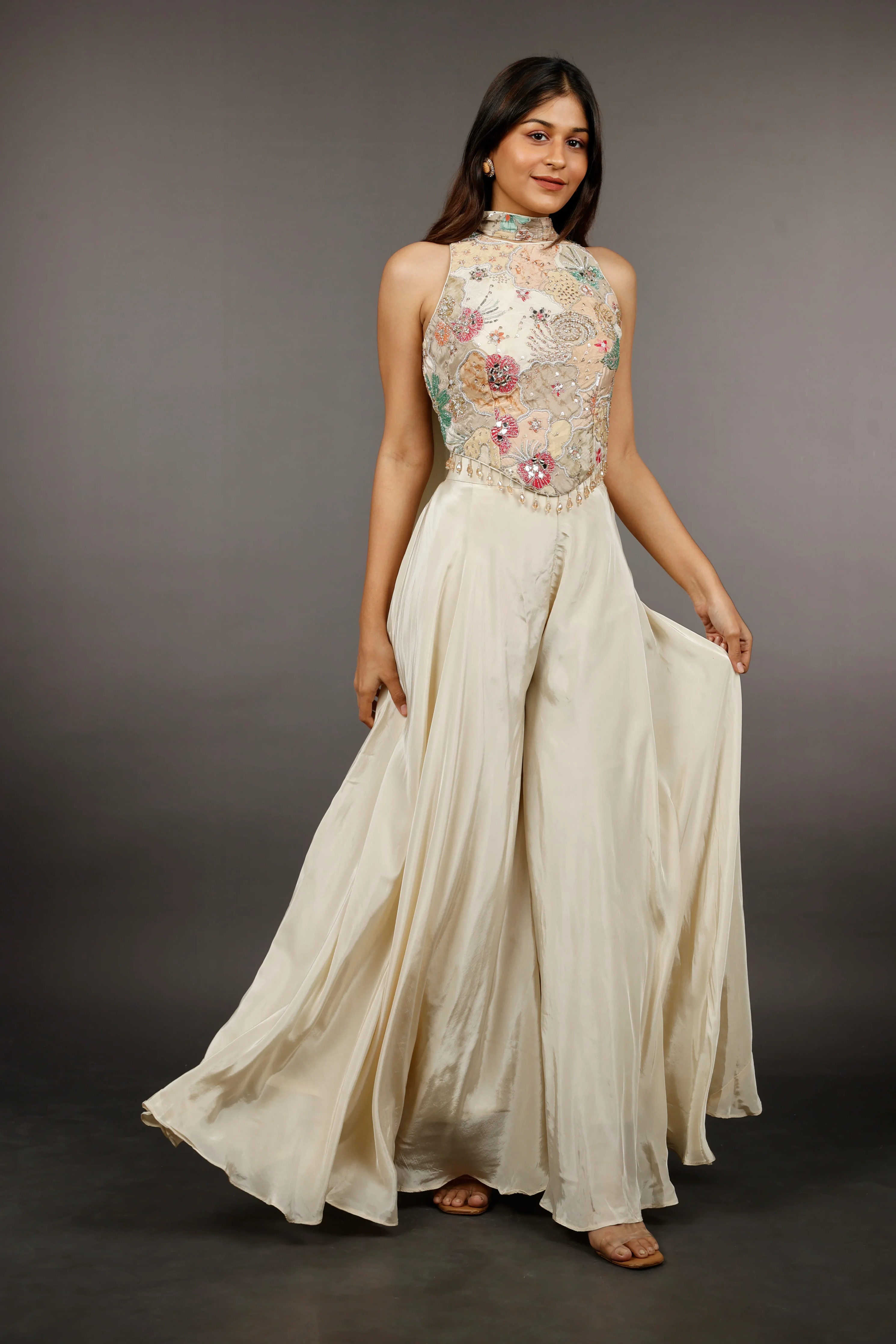 Ivory Satin Silk Corset Palazzo Set with Pearl, Cutdana & Zari Embroidery - Mokshaa