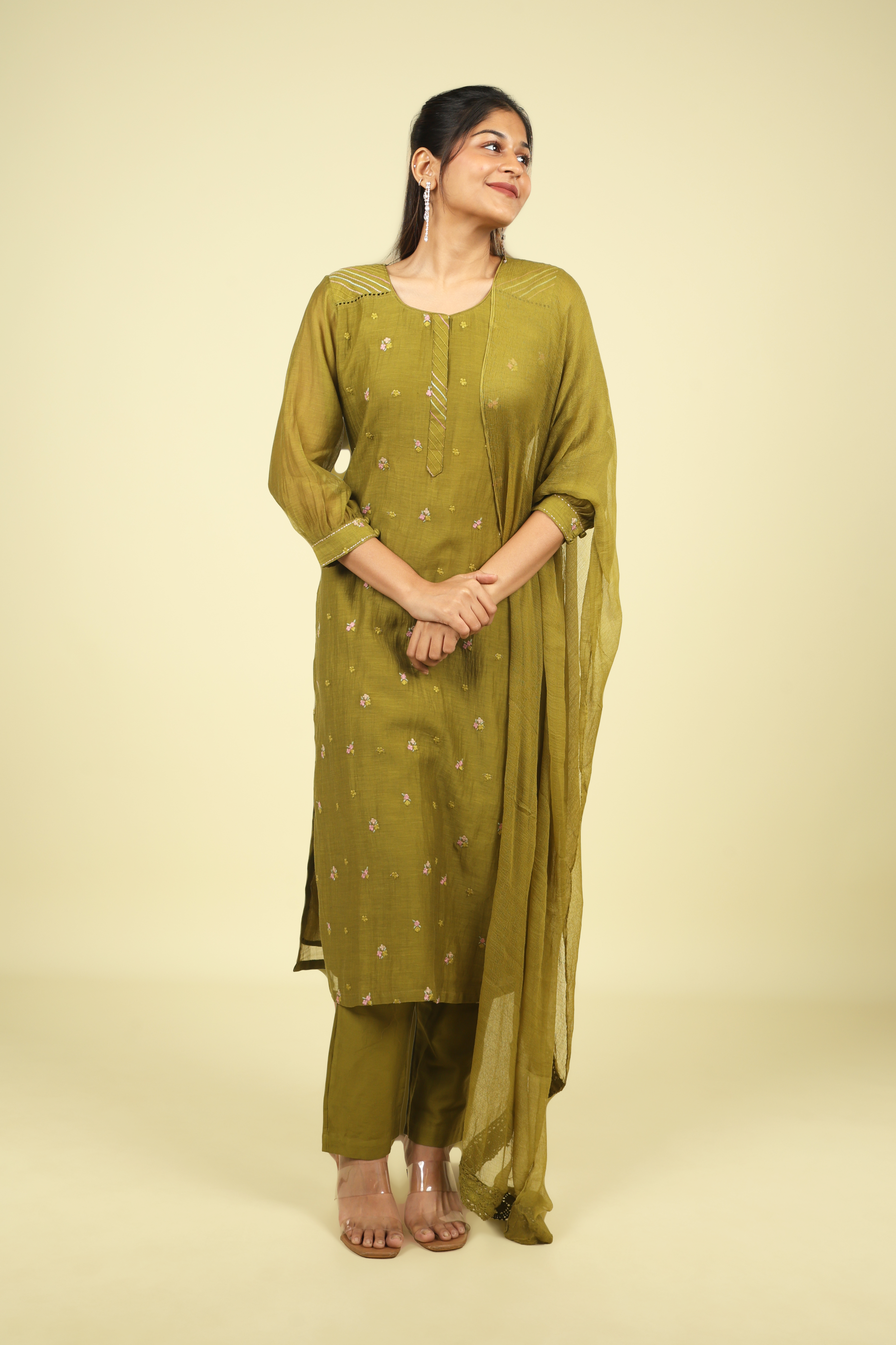 Olive Green Mul Chanderi Straight Cut Salwar Set with Chiffon Dupatta