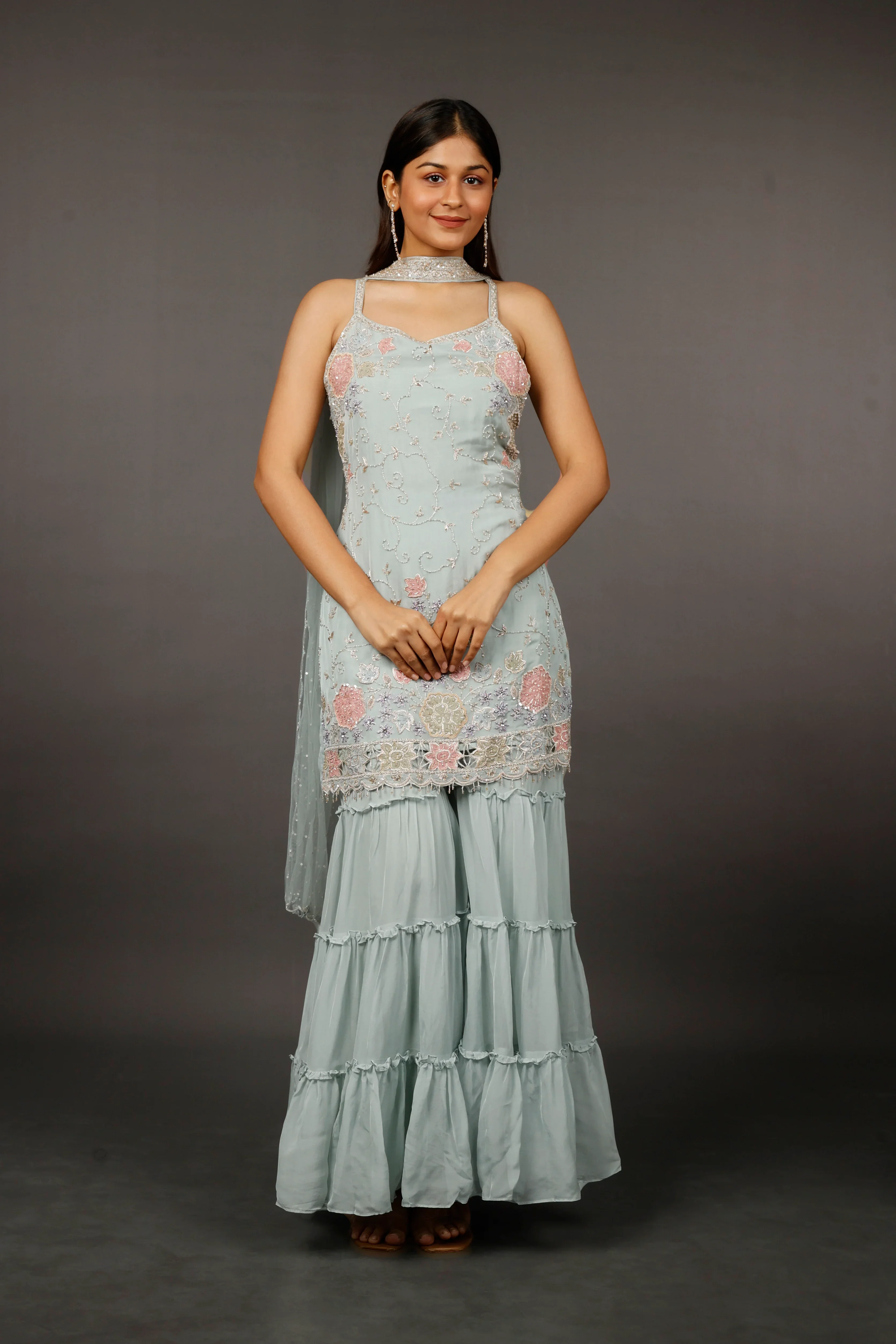 Light Blue Georgette Sharara Set with Shadow, Zari, Pearl, Cutdana & Sequin Embroidery - Mokshaa