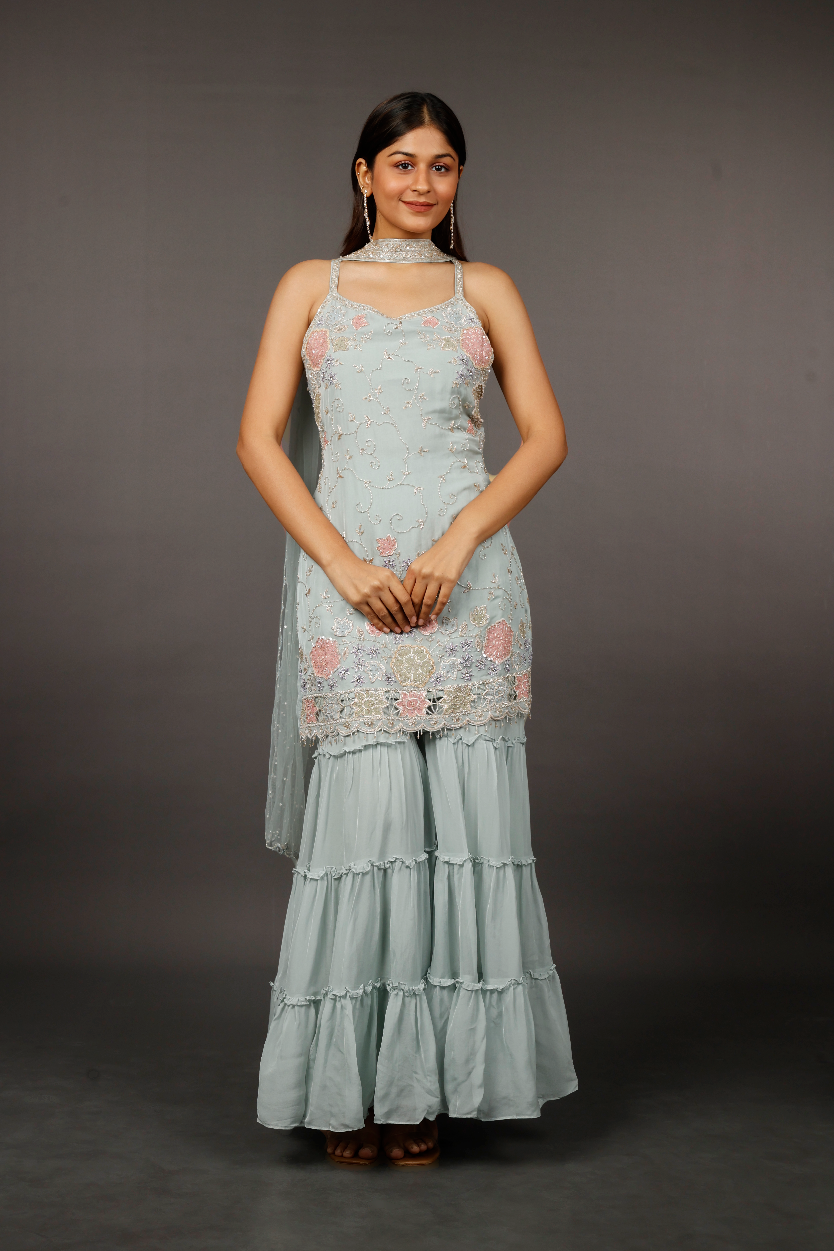Light Blue Georgette Sharara Set with Shadow, Zari, Pearl, Cutdana & Sequin Embroidery