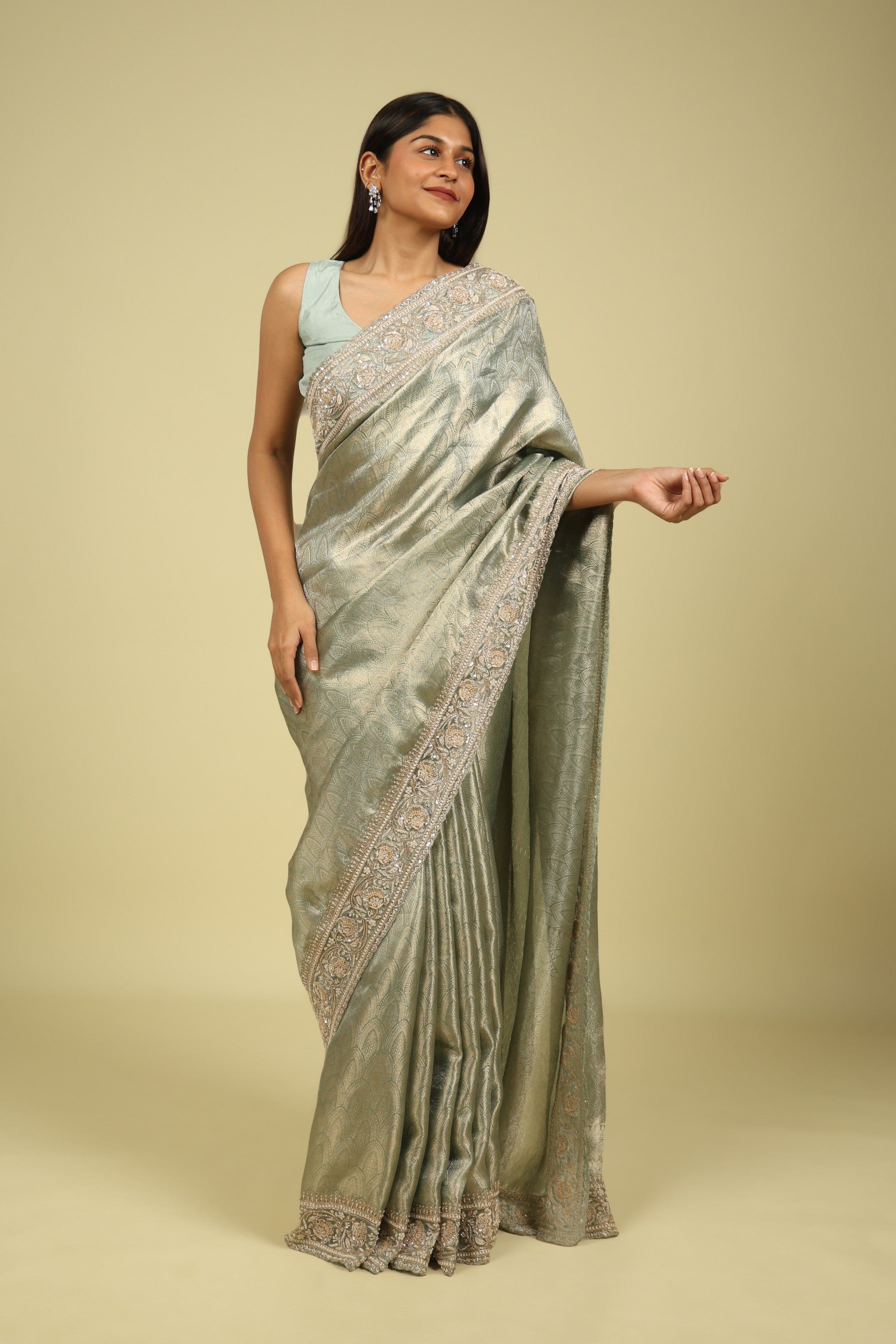 Sea Blue Banaras Tissue Saree with Pearl, Bead & Sequin Embroidered Border