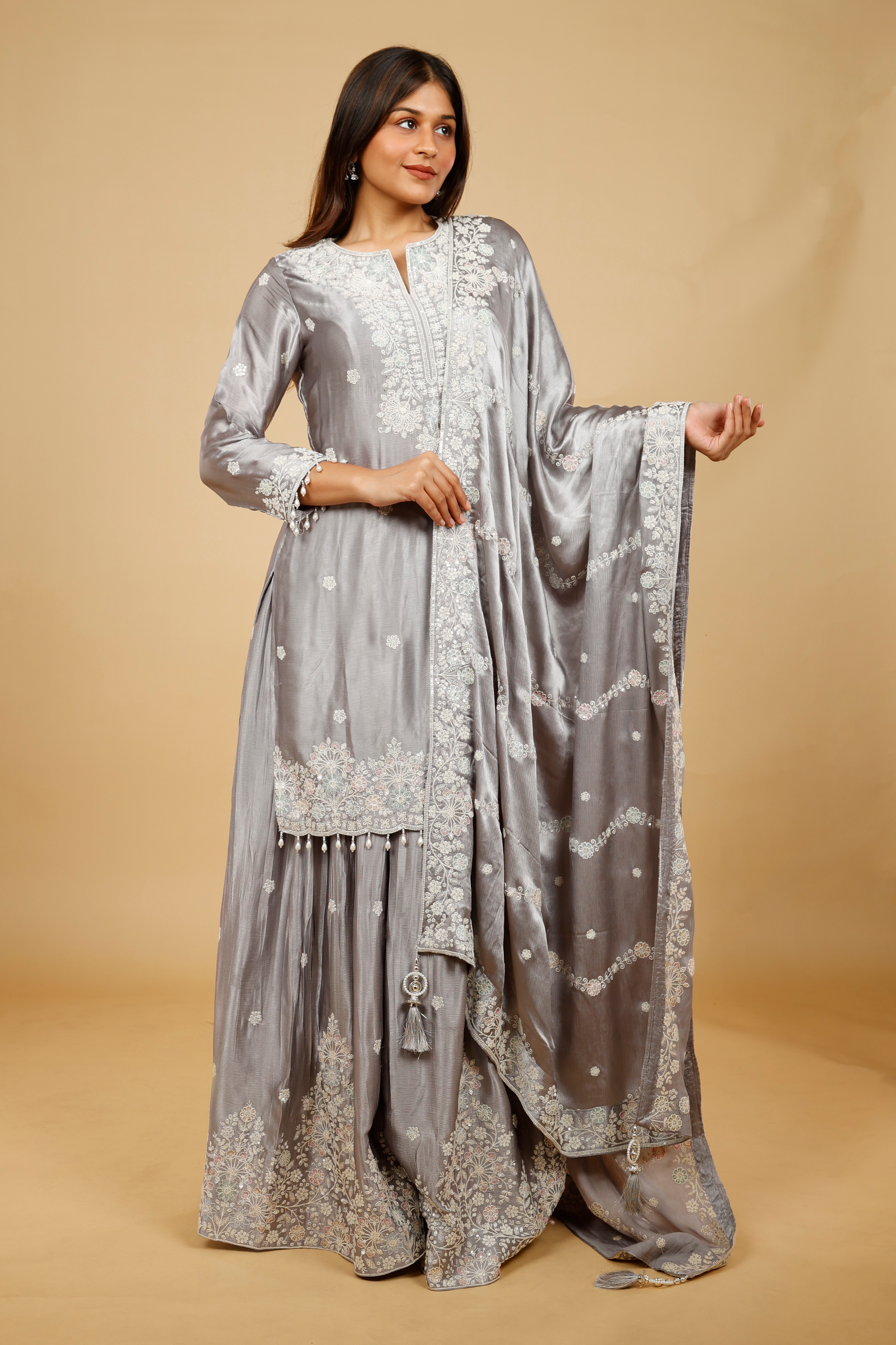 Silver Grey Chinon Silk Sharara Set with Thread, Pearl & Sequin Embroidery