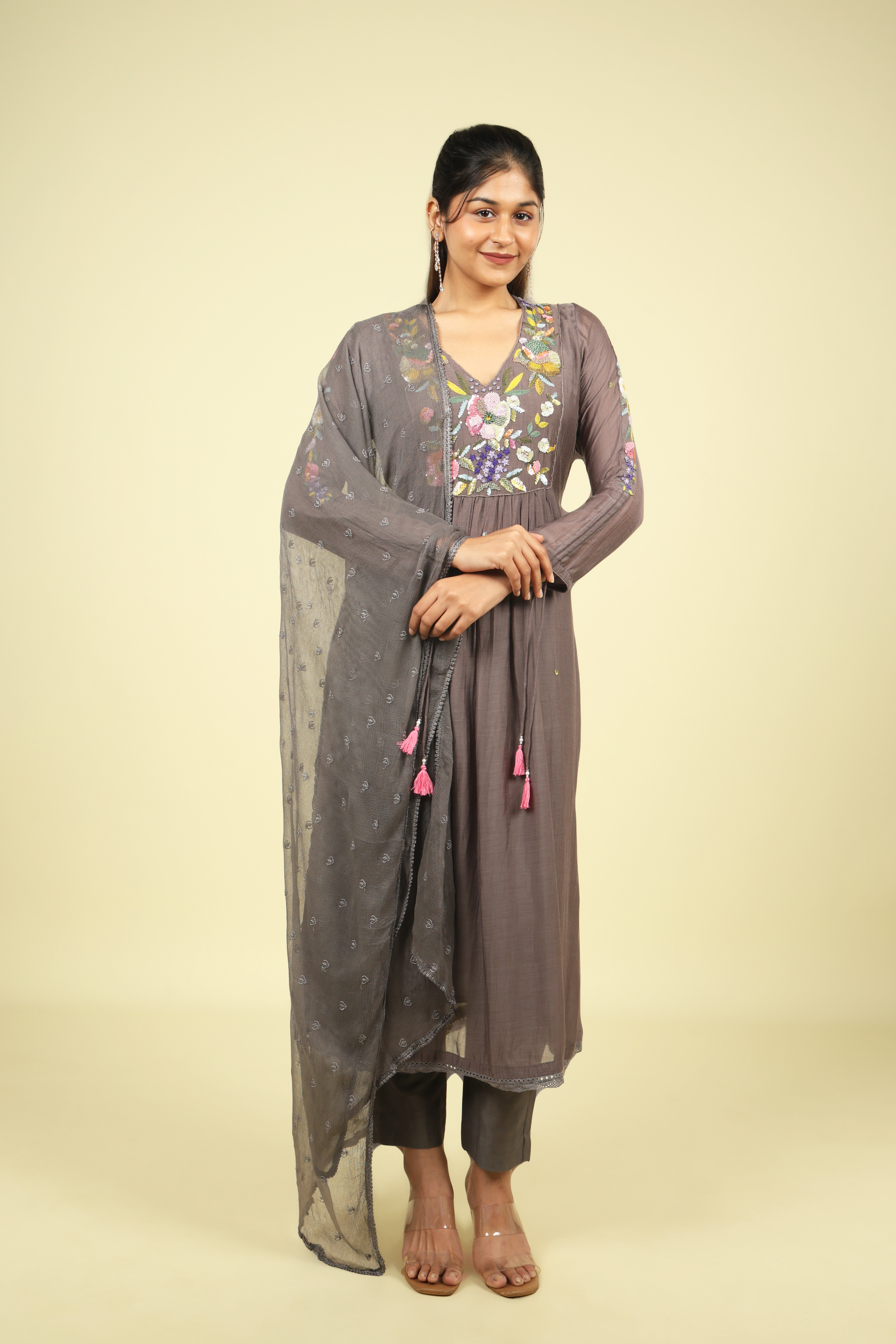 Grey Embroidered Mul Chanderi Salwar Set - Mokshaa
