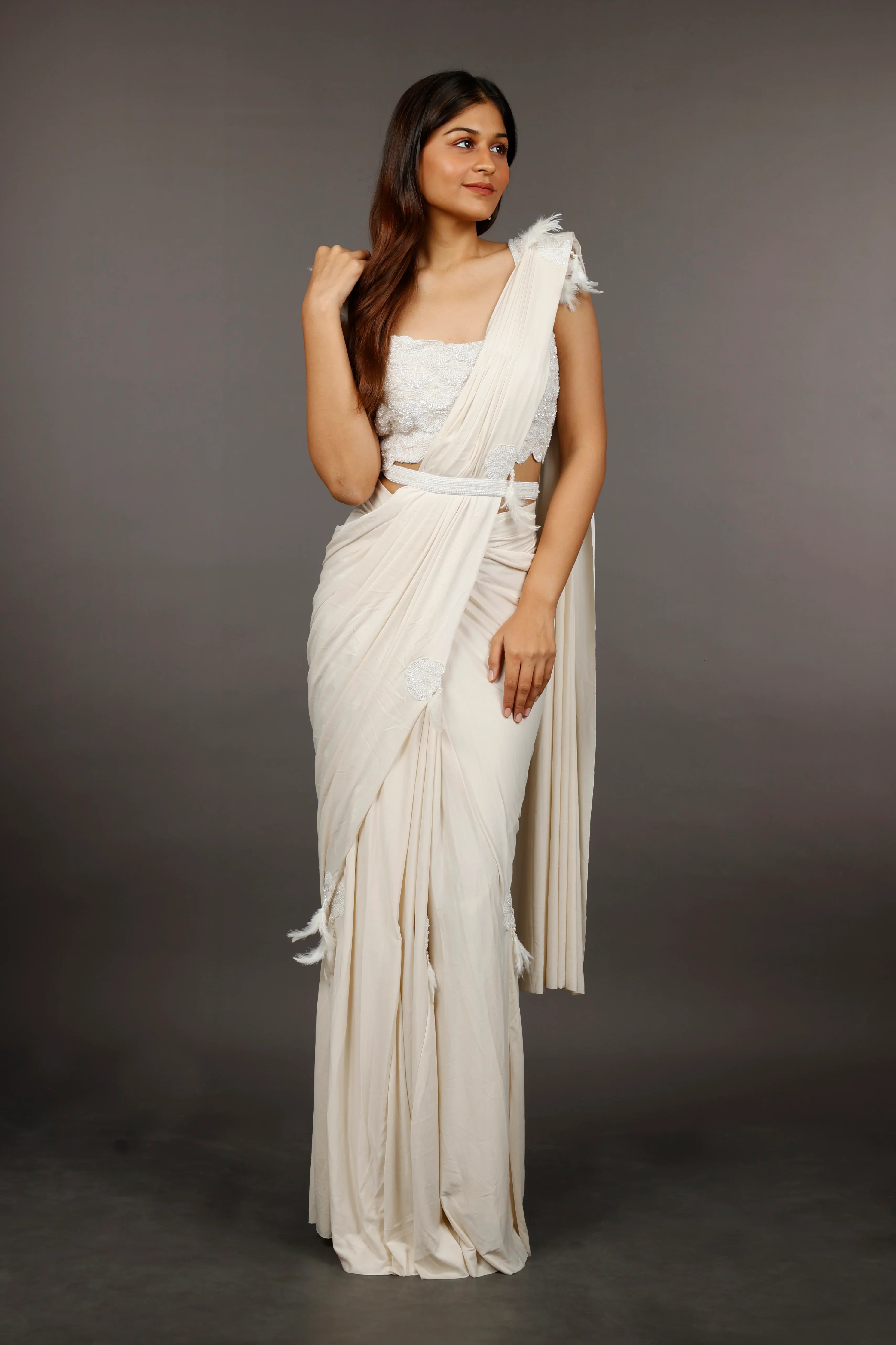 Ivory Lycra Silk Drape Saree with Feather and Pearl Embroidery - Mokshaa