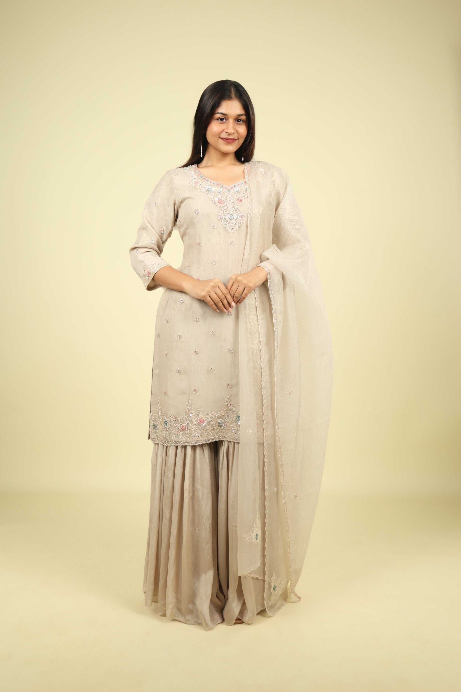 Beige Embroidered Crush Tissue Sharara Set