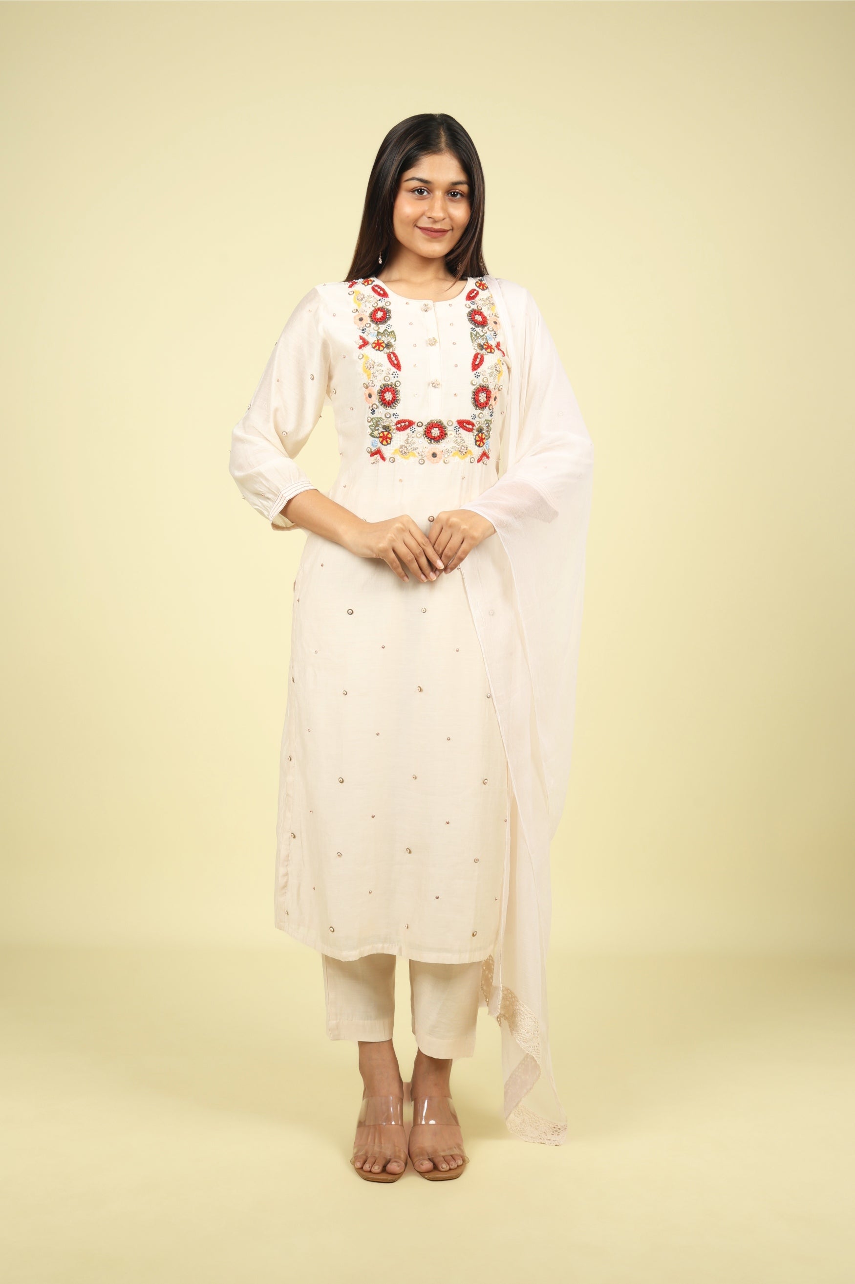 Cream Mul Chanderi Straight Cut Salwar Suit with Chiffon Dupatta
