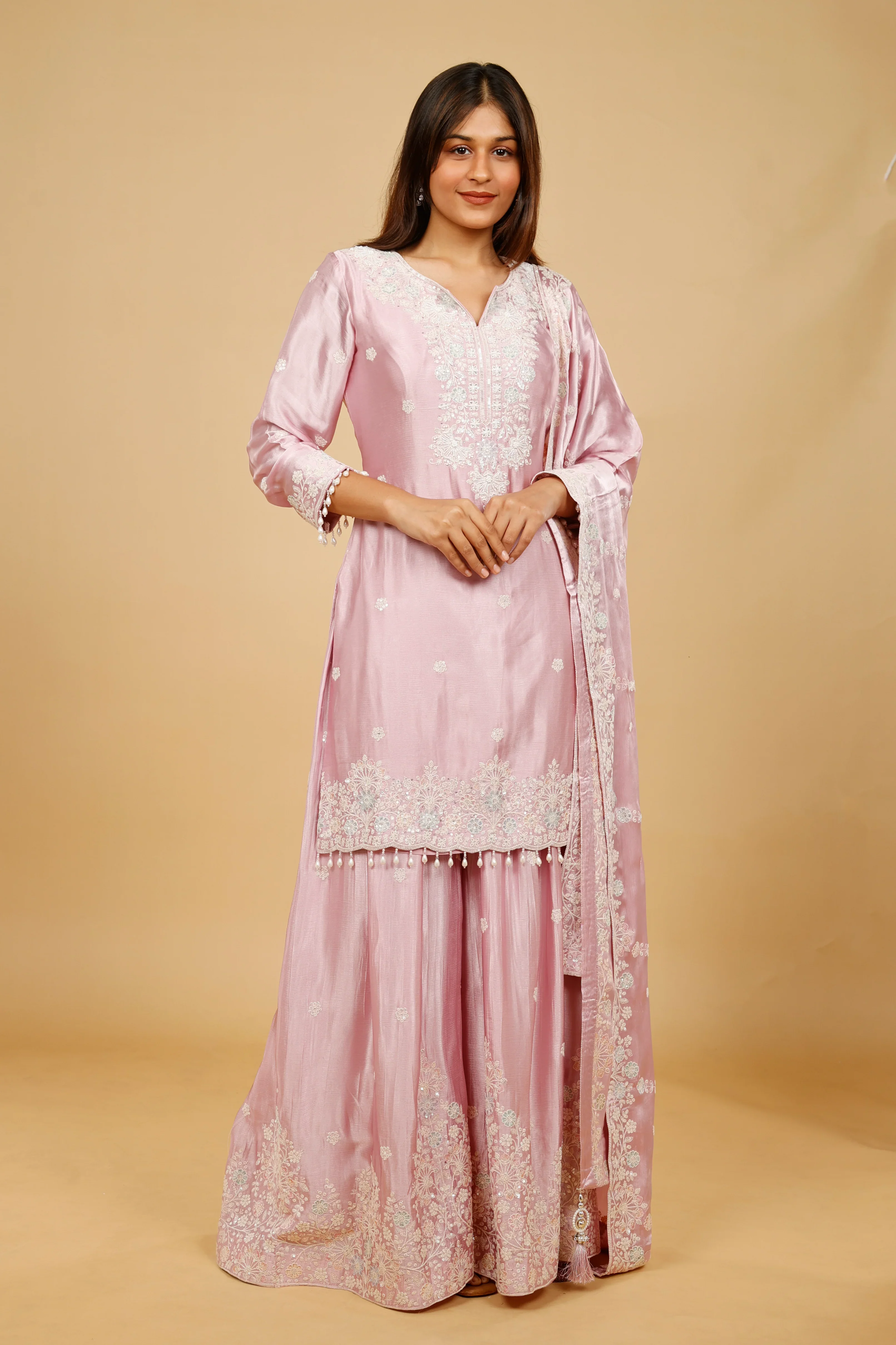 Blush Pink Chinon Silk Sharara Set with Thread, Pearl & Sequin Embroidery - Mokshaa