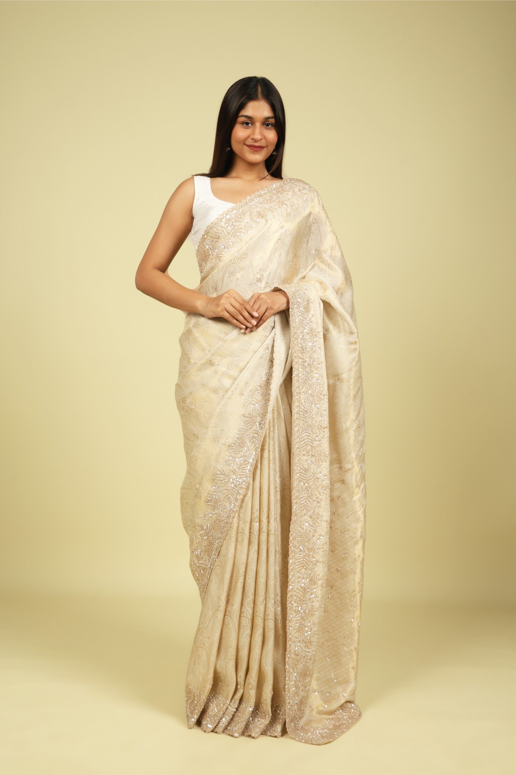 Off White Handloom Silk Saree with Banarasi Zari Weaving & Bead-Sequin Border