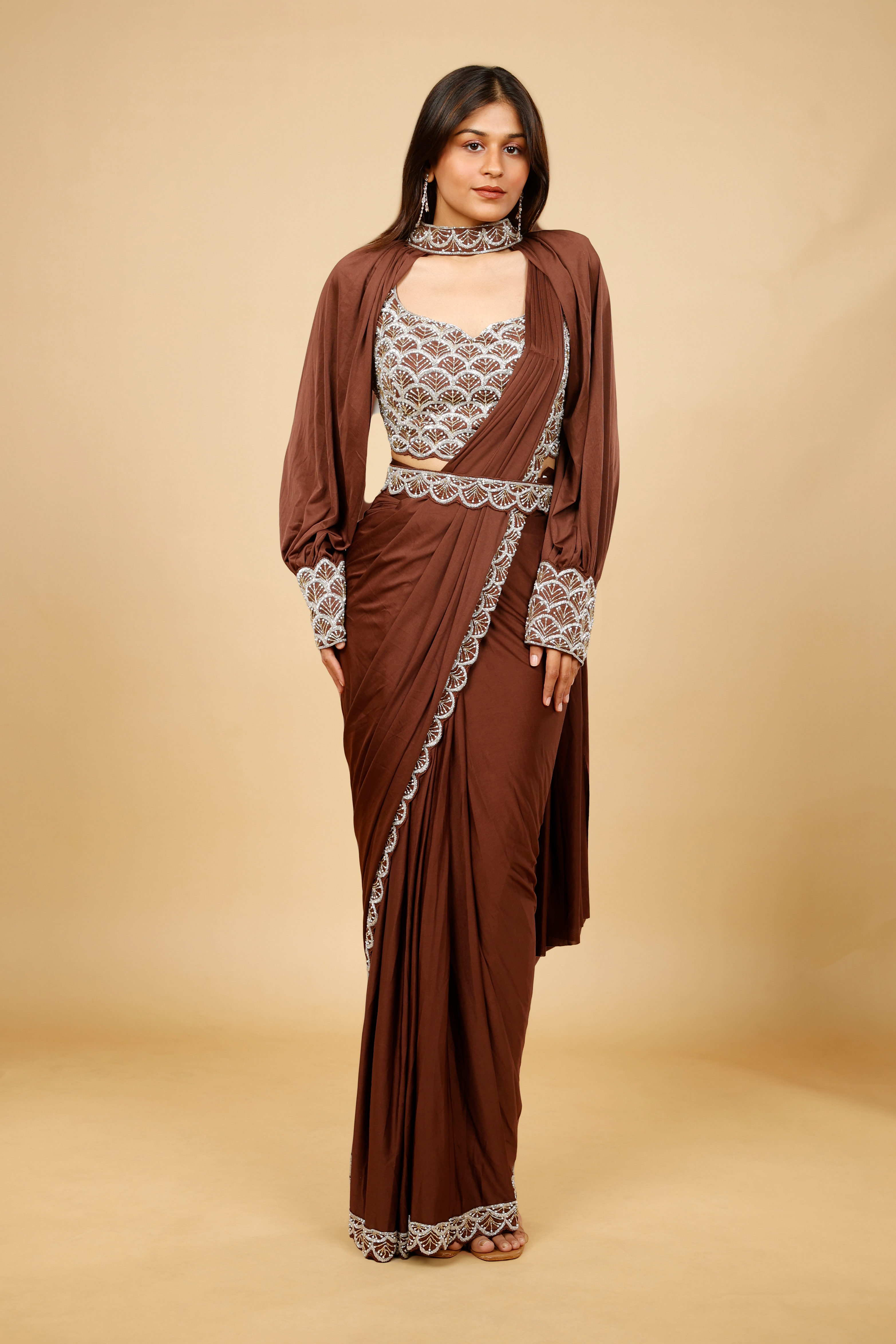 Brown Satin Lycra Drape Saree with Pearl & Cutdana Embroidery