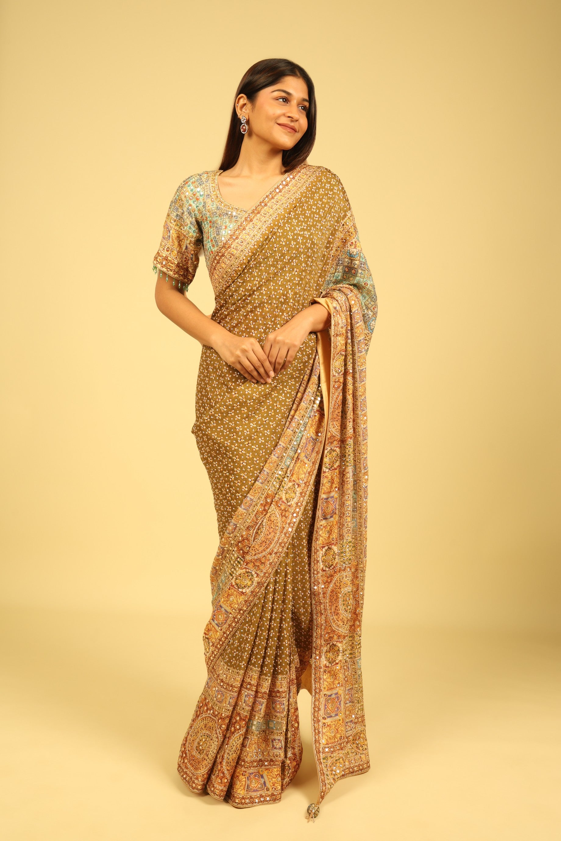 Dusty Green Soft Georgette Saree with Multicolour Digital Print, Sequin & Mirror Highlights