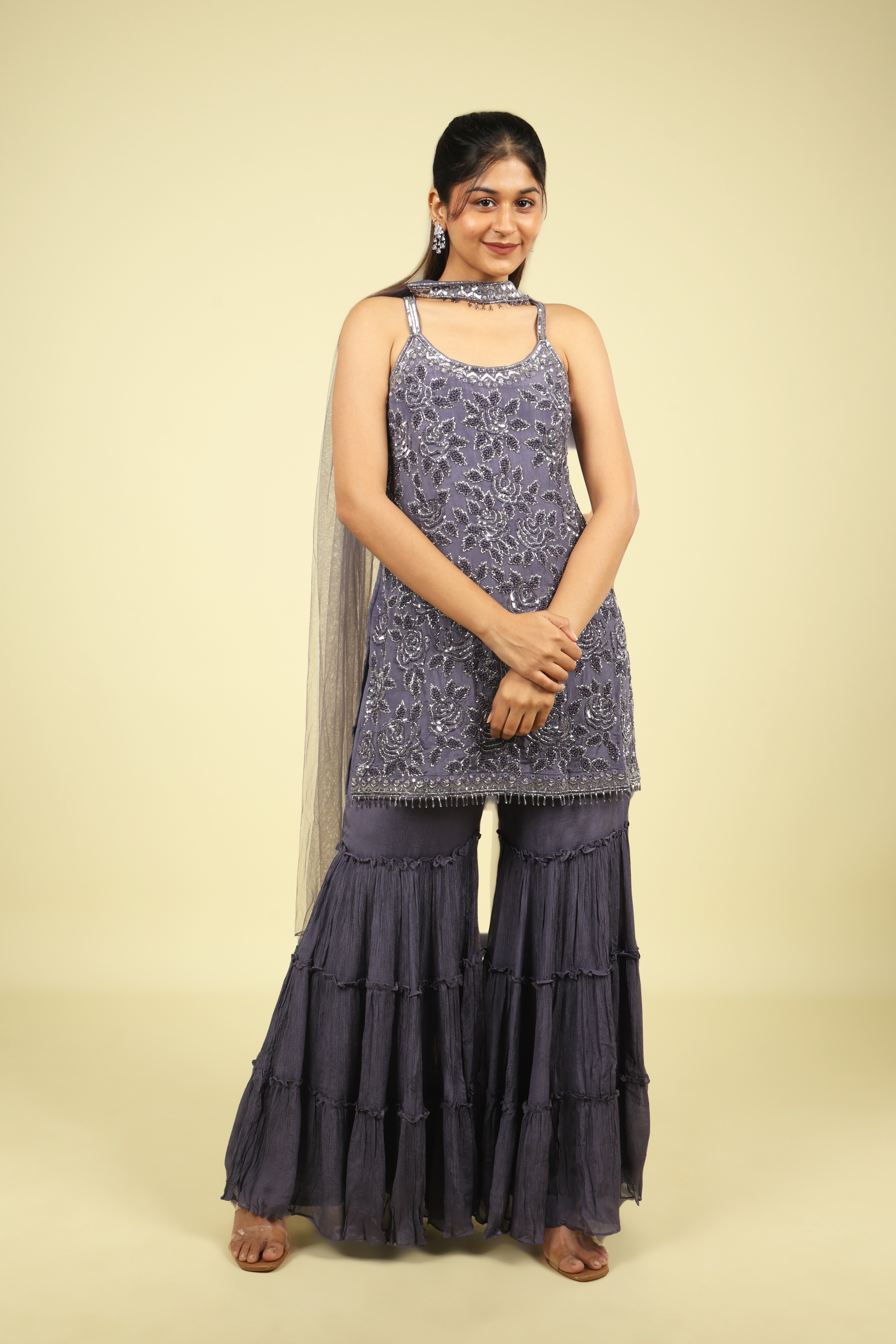 Amethyst Chinon Sharara Set with Sequin & Cutdana Embroidery